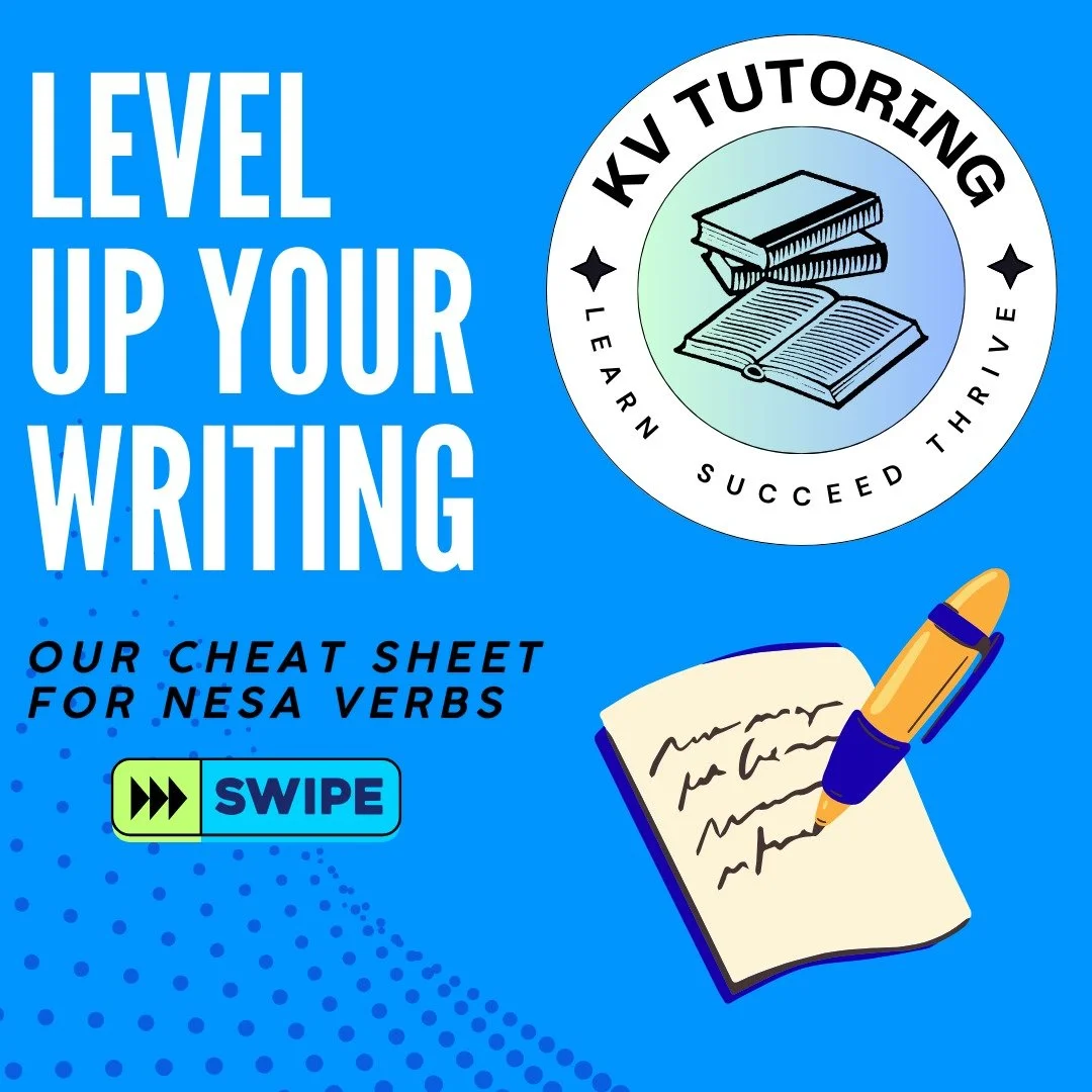 LEVEL UP your writing &amp; exam skills! 

NESA verbs like evaluate, analyse, discuss, describe (and more) can be tricky, but mastering them is the key to higher marks. Our Cheat Sheet gives you meanings + sentence starters to make your writing exam-