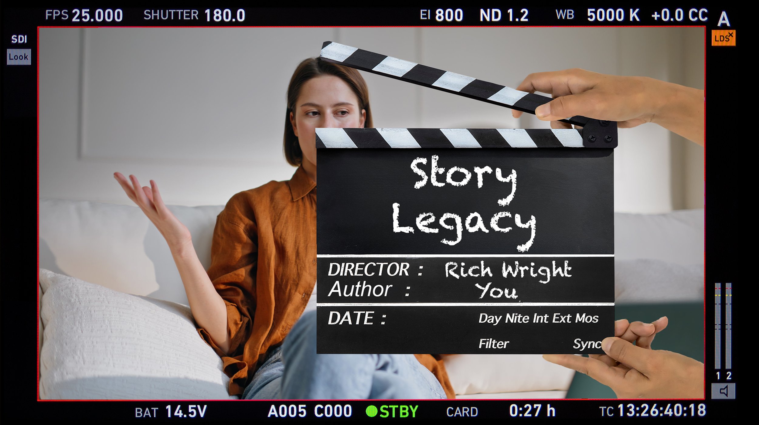 Story Guide Image while a clapperboard labeled 'Story Legacy' is held in front of her. The clapperboard includes details like the director Rich Wright, author You, and placeholder for setting up your session to tell your story.