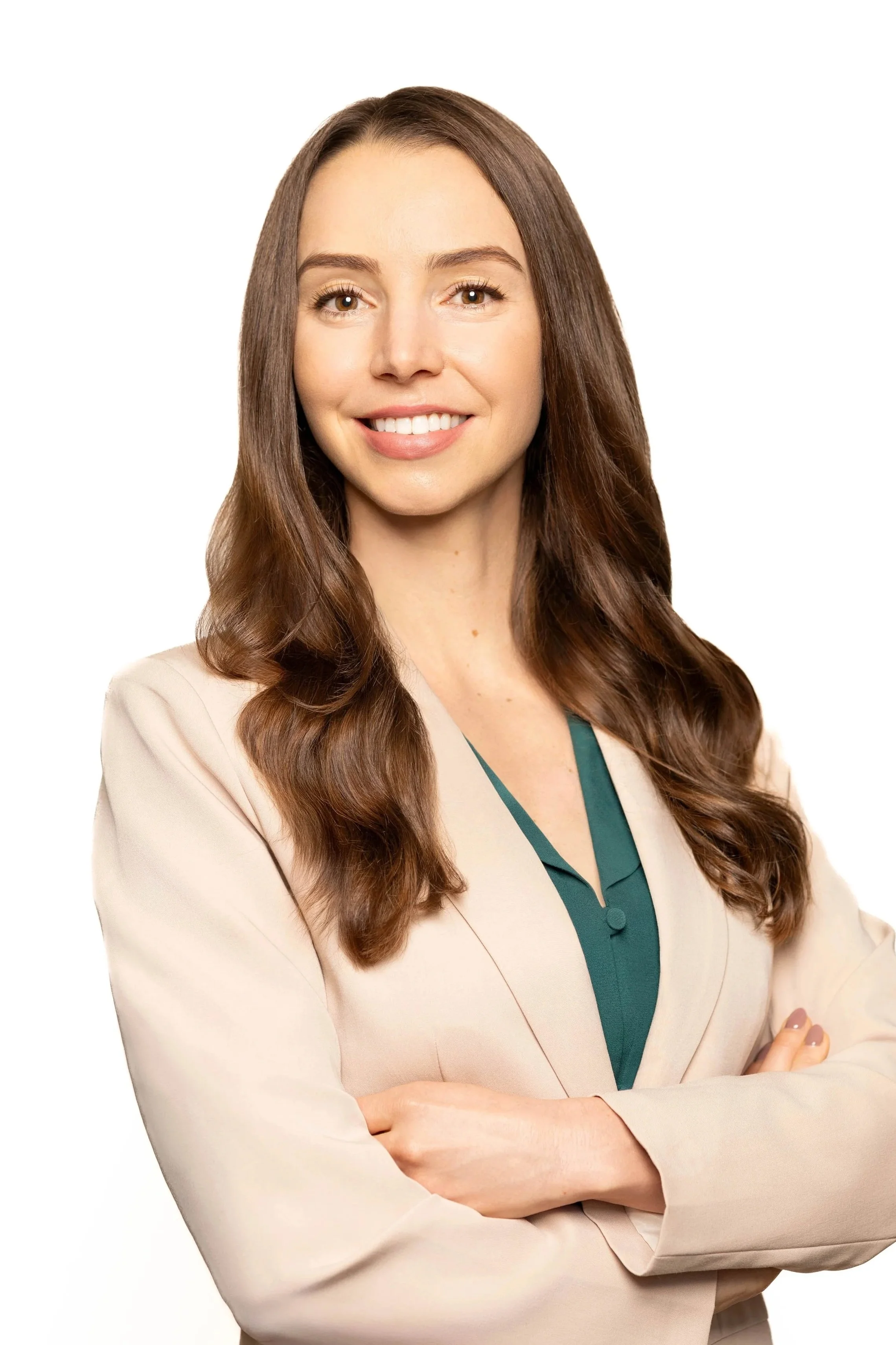 Professional corporate headshot of a woman photographed on site using a mobile conference headshot station in San Diego