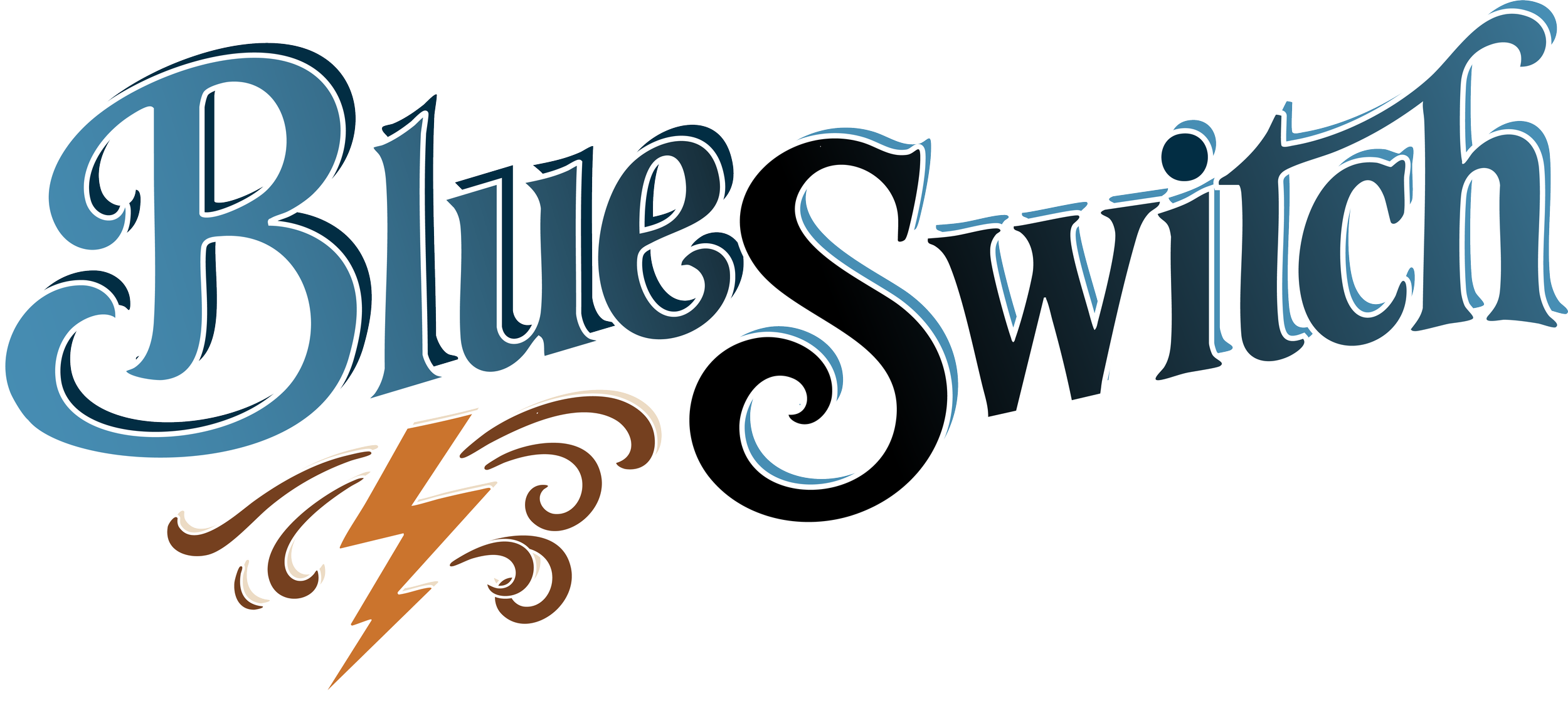 Stylized text reading 'Blue Switch' with a lightning bolt symbol beneath it, colored in blue, brown, and black.