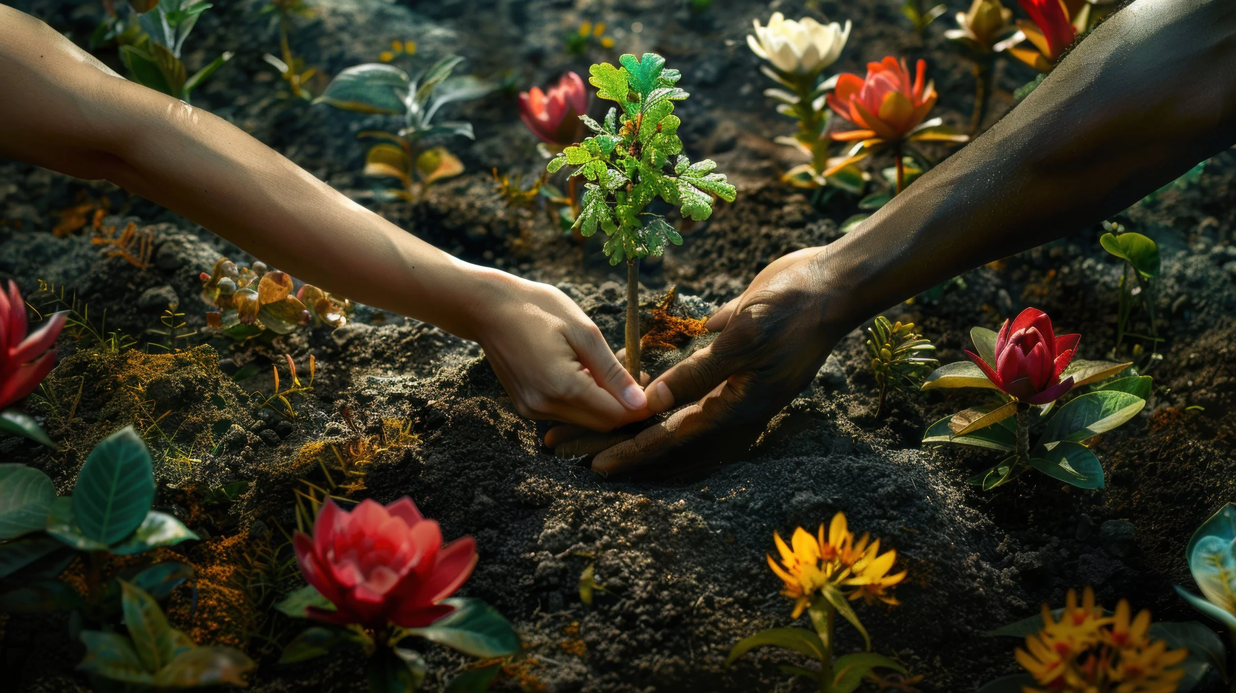 Hands planting a small tree sapling in soil surrounded by colorful flowers. Sustainable initiative with textile and apparel at Authent.