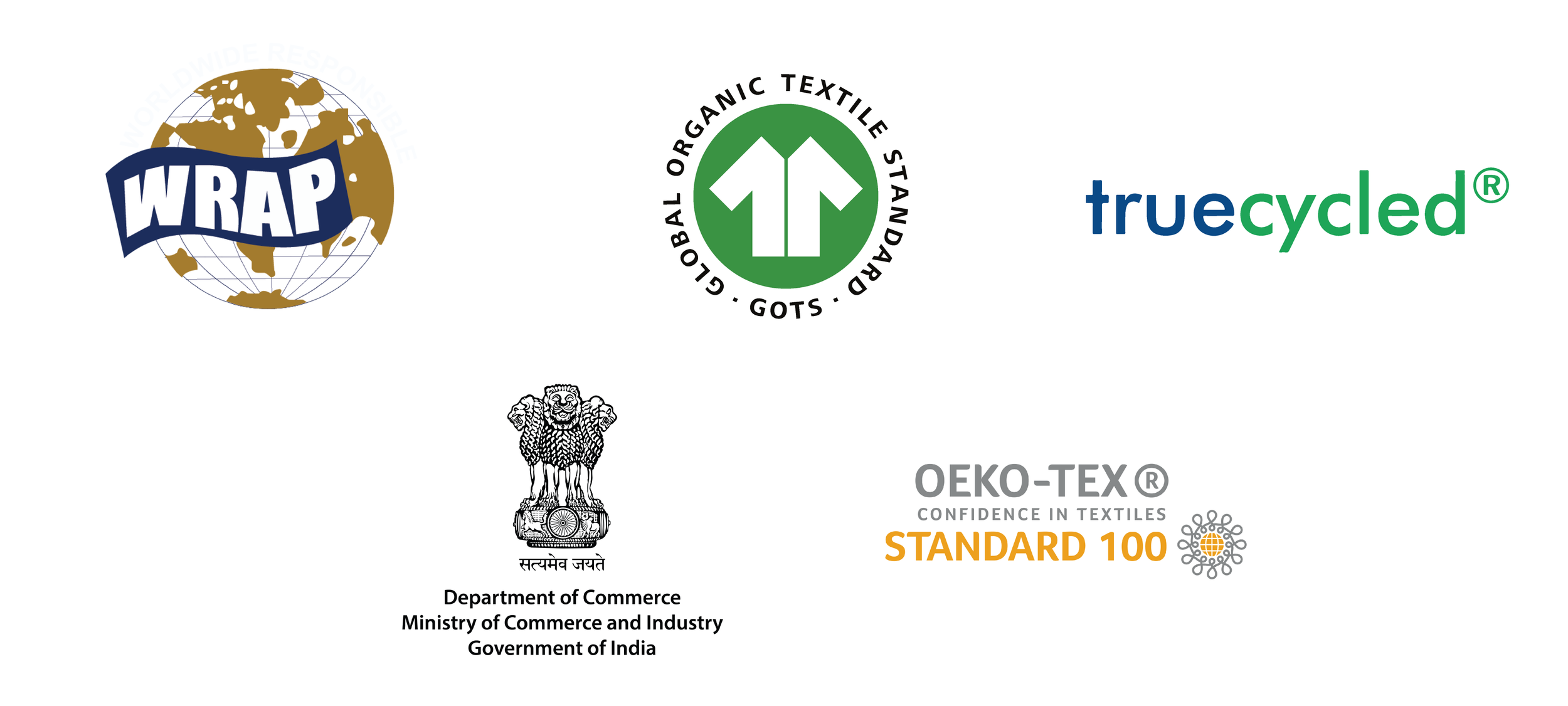 Collage of various certification, including WRAP, Global Organic Textile Standard (GOTS), Truecycled, Department of Commerce of India emblem, and OEKO-TEX Standard 100 received by Authent and its partners.