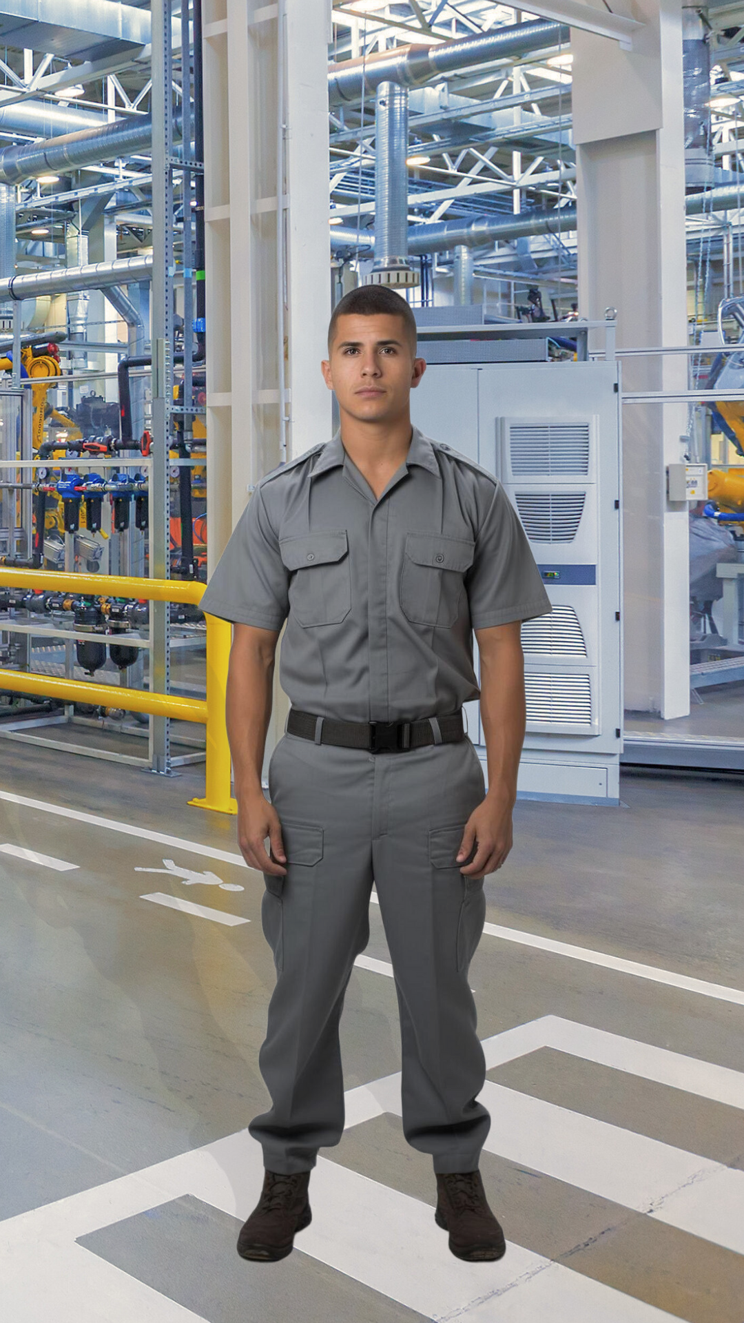 Person in grey protective high quality uniform standing in a factory environment manufactured at Authent.