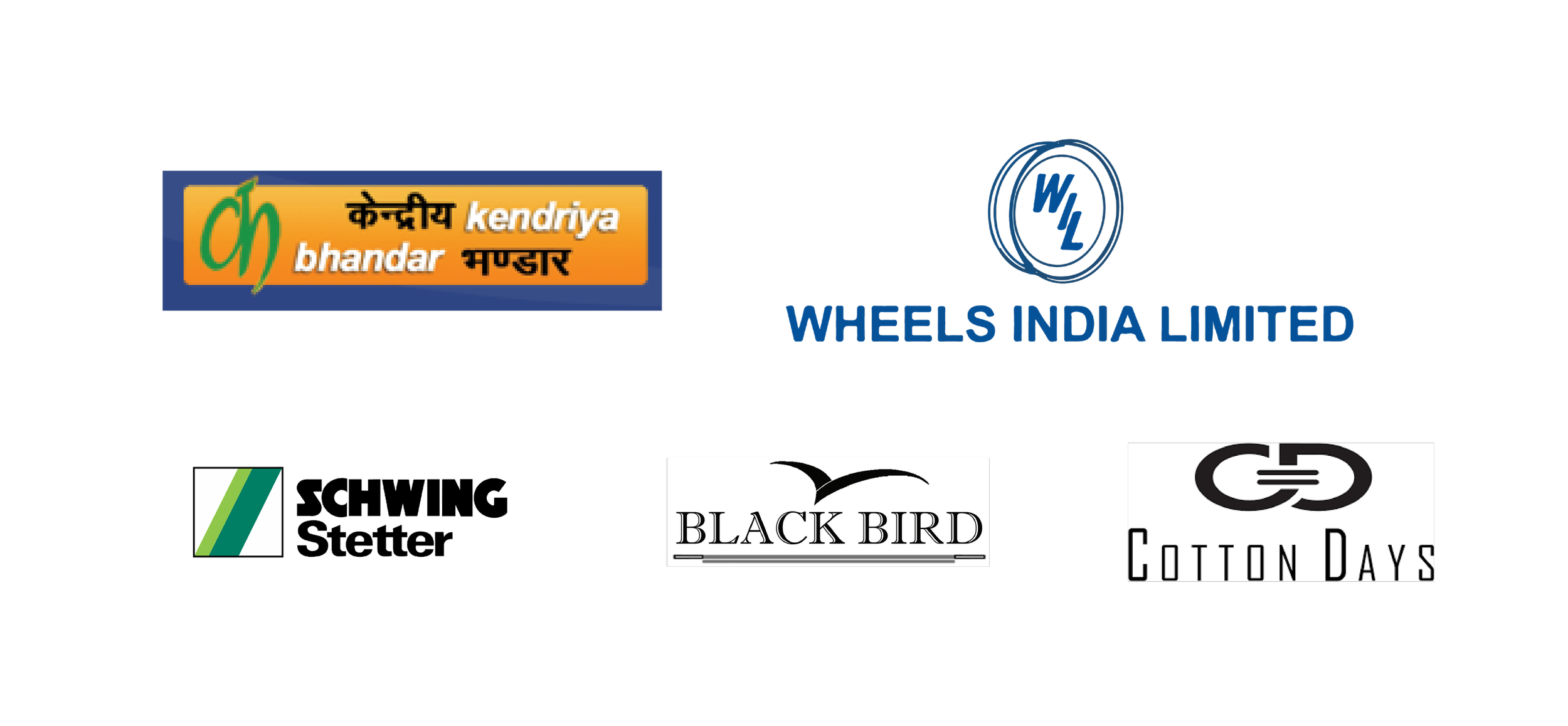 Collection of Authent Clients, including Kendriya Bhandar, Wheels India Limited, Black Bird, and Cotton Days.