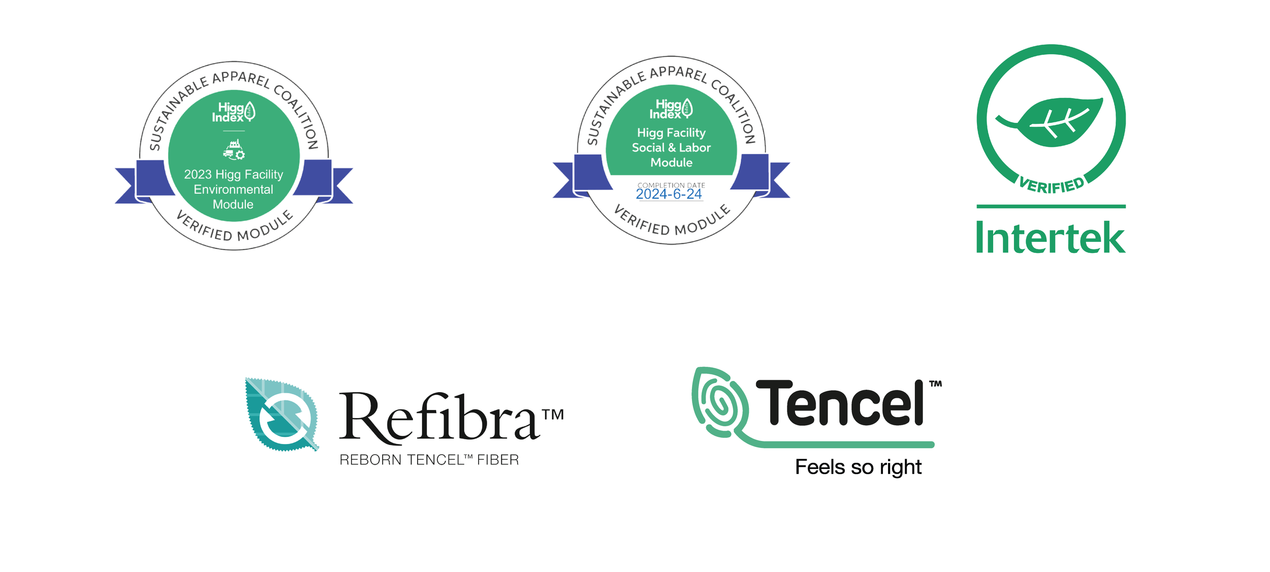 Logos and certificates related to sustainability and textiles, including Higg Index, Intertek, Refibra, and Tencel. The Higg Index , Intertek, Refibra  and Tencel received by Authent and its partners.