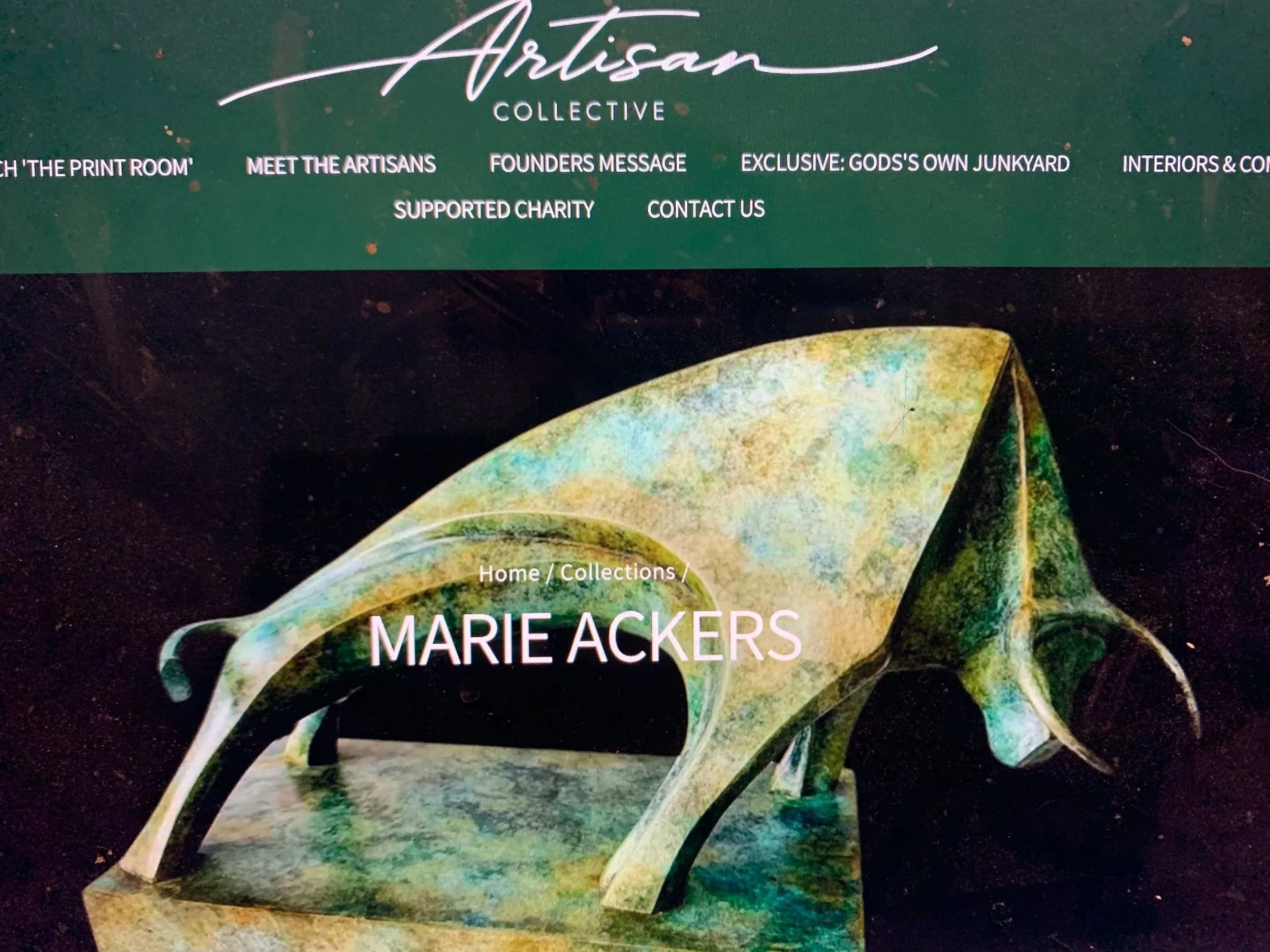 Website homepage for Artisan Collective  representing Marie Ackers sculpture -
