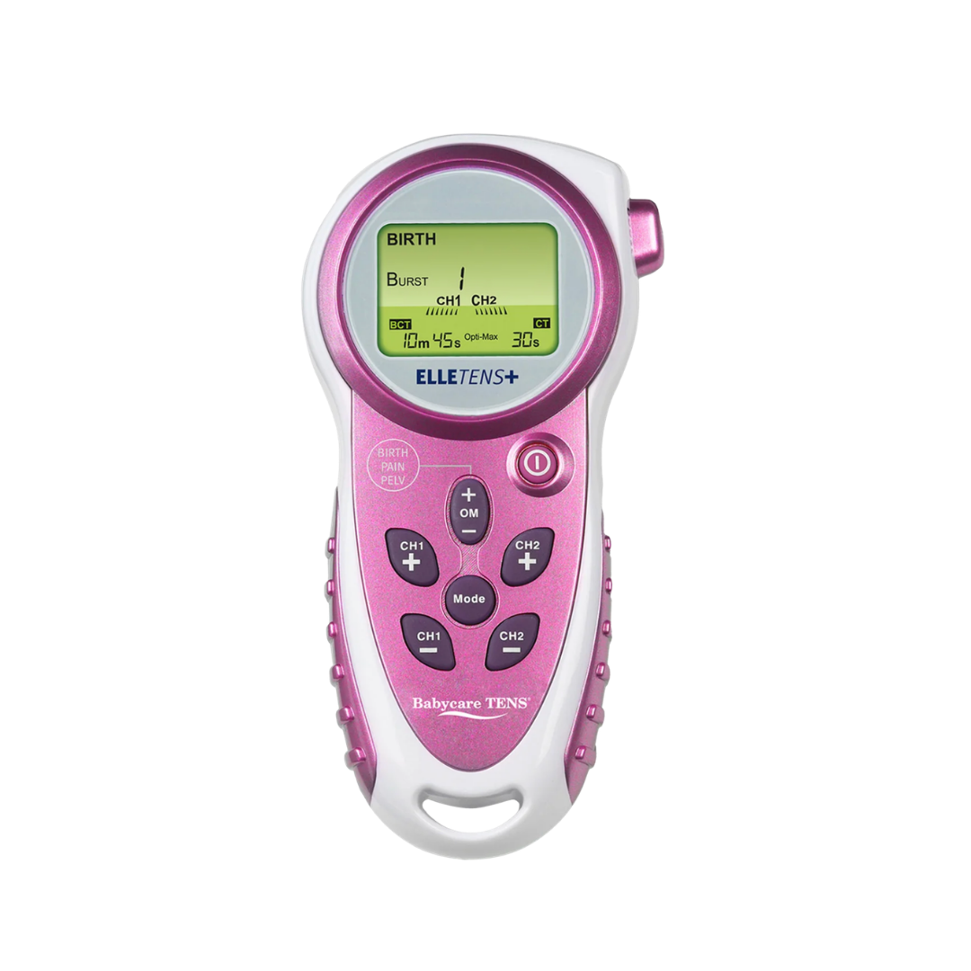 A pink and white handheld electronic monitor device with a green digital display showing information related to childbirth, including a heartbeat graph and numerical data.