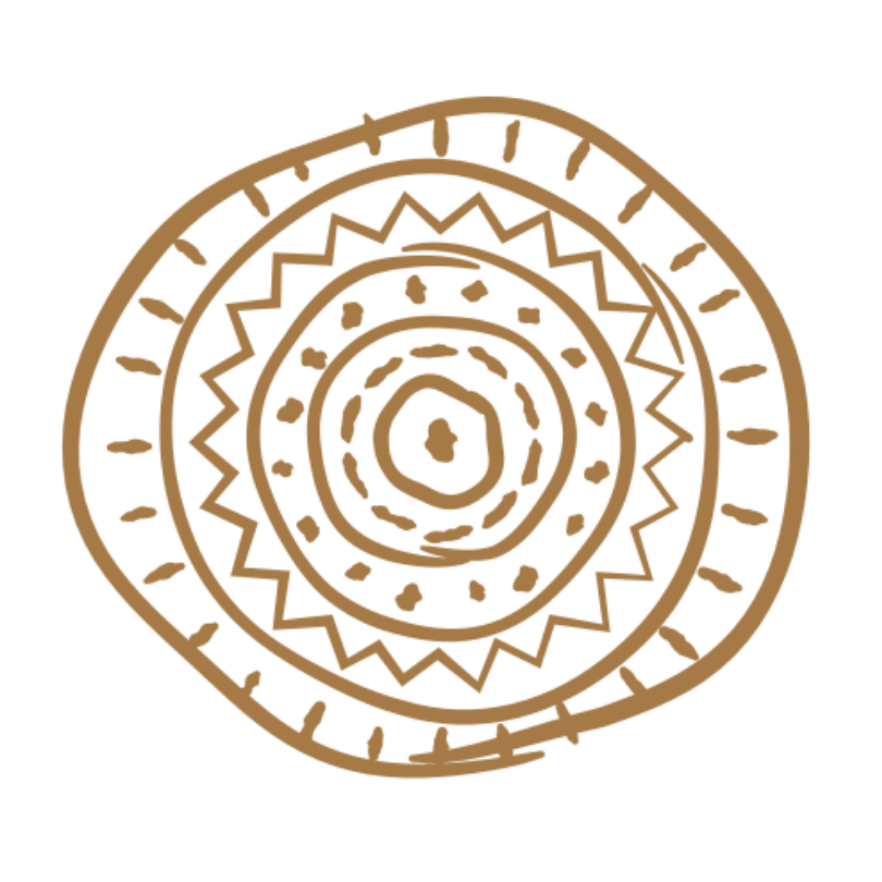 A circular, decorative mandala pattern with concentric circles and geometric designs in brown against a black background.