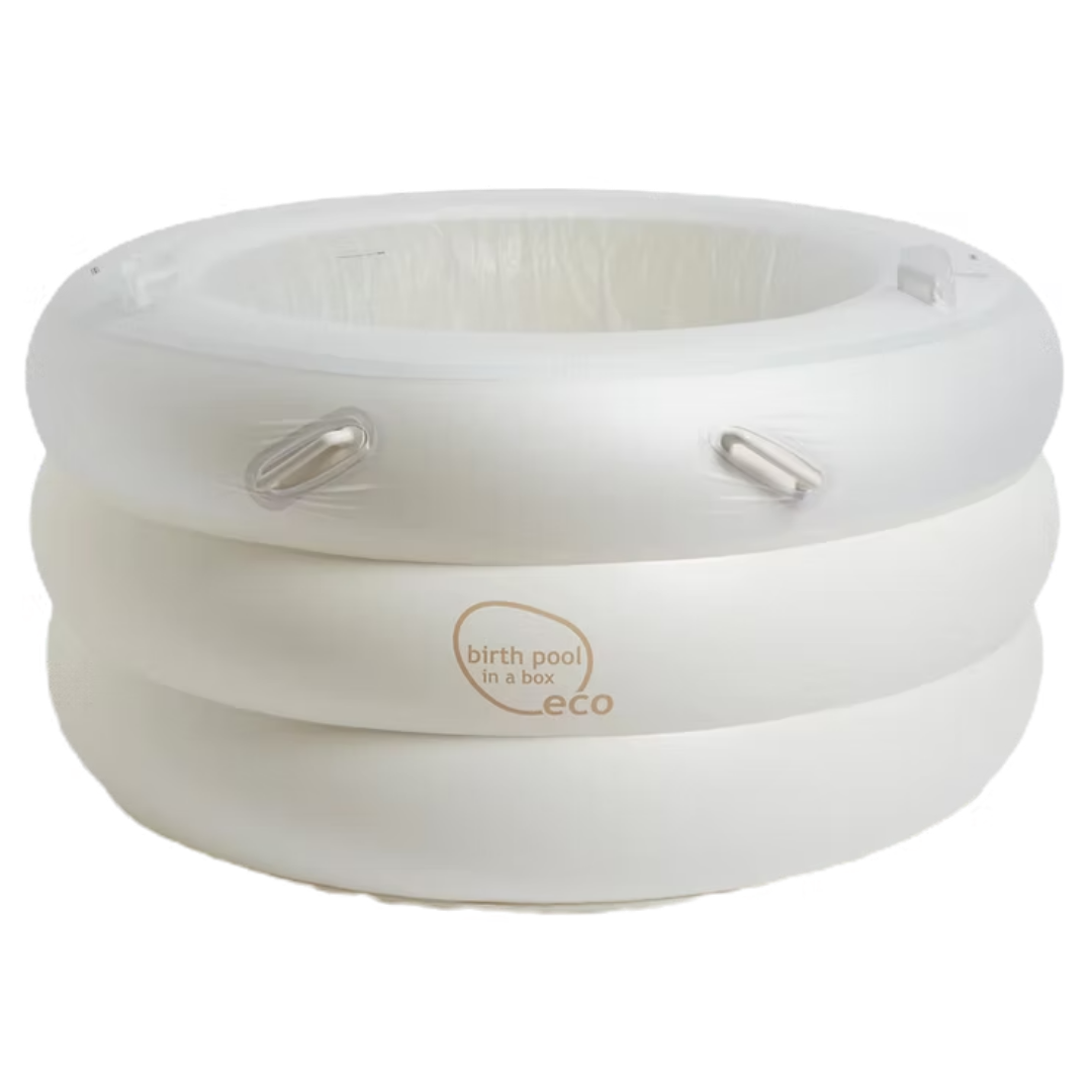 Inflatable birth pool labeled 'birth pool in a box' with a white and beige color scheme.