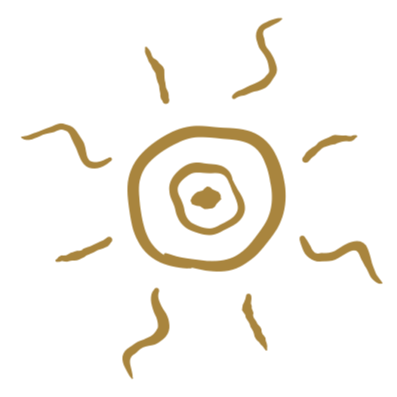 A simple, hand-drawn sun with a circular center and wavy rays emanating outward. The sun is depicted in a brown color against a black background.