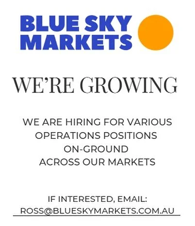 We&rsquo;re HIRING! 

We&rsquo;re expanding our market team and looking for enthusiastic operations staff to help on the ground on market &amp; event days. 

If you&rsquo;re interested please email for more info!

📧 ross@blueskymarkets.com.au 

#mar