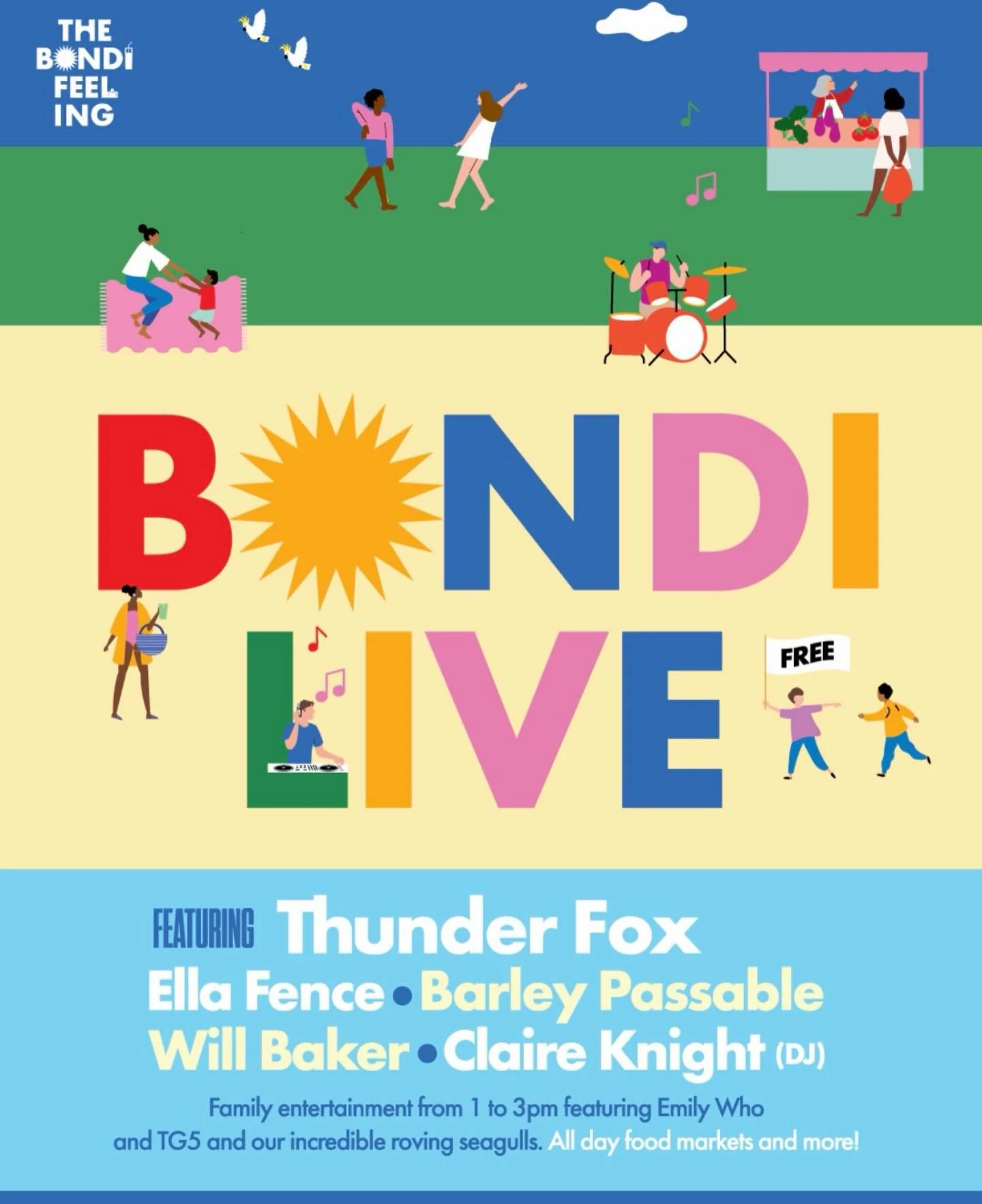 Bondi is throwing a beachside concert and you&rsquo;re all invited! 

This free event will feature markets, children&rsquo;s entertainers, live music, delicious food, and roving performances, set against our iconic Bondi Beach.

Join us for an aftern