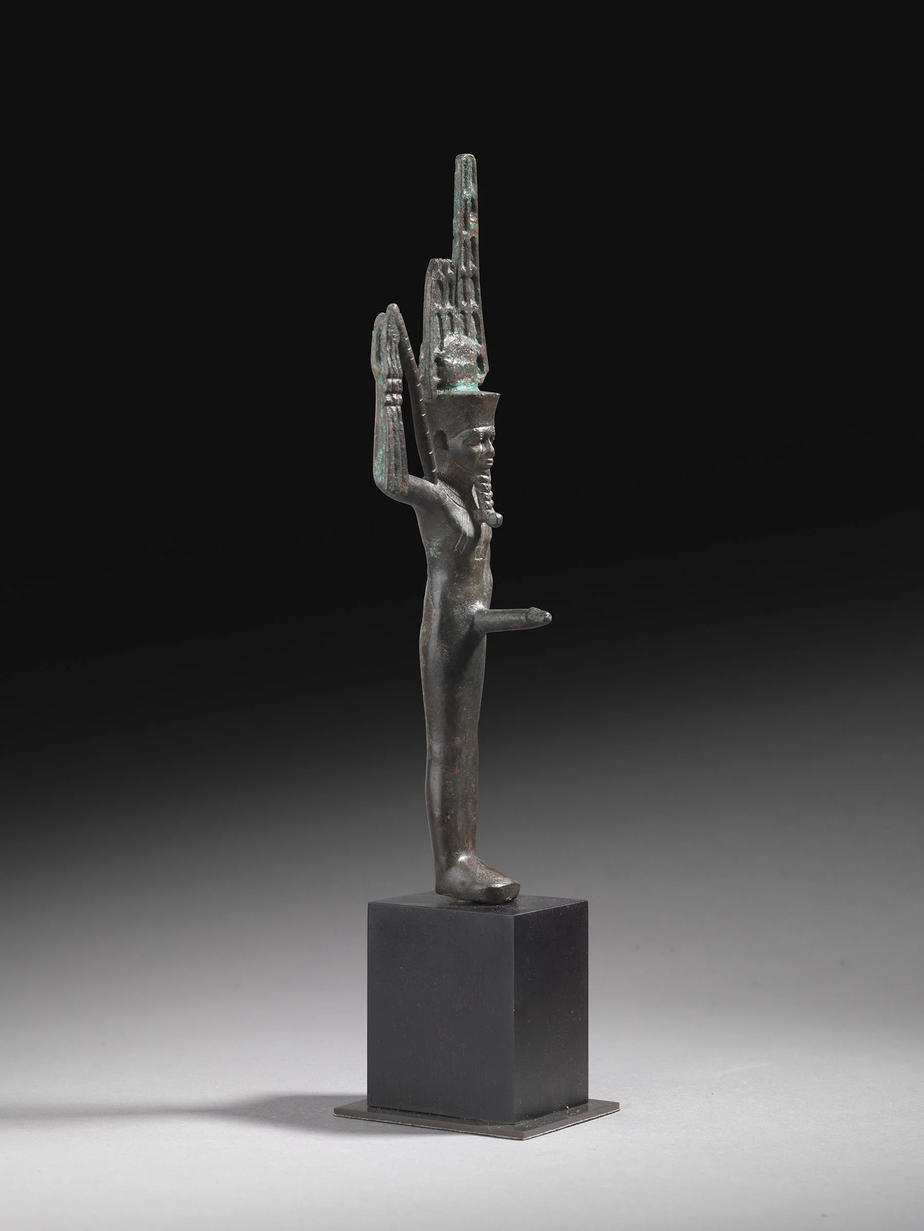 Egyptian bronze figure of Amun-Min
Late Dynastic Period, 25th-26th Dynasty, 715-525 BC
Height:  22.3 cm, with M. Todrous, Luxor; Collection of Jürgen Flimm, Germany, acquired from the above, 1973; Resandro collection
