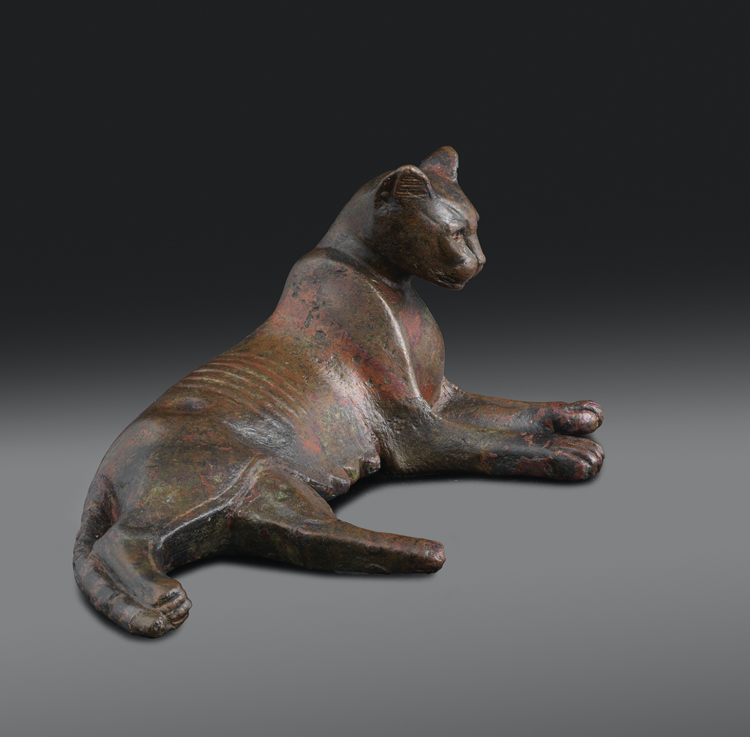 Egyptian bronze of a reclining cat, Late Dynastic Period, 26th Dynasty, c. 688-525 BC, Length: 11.8 cm