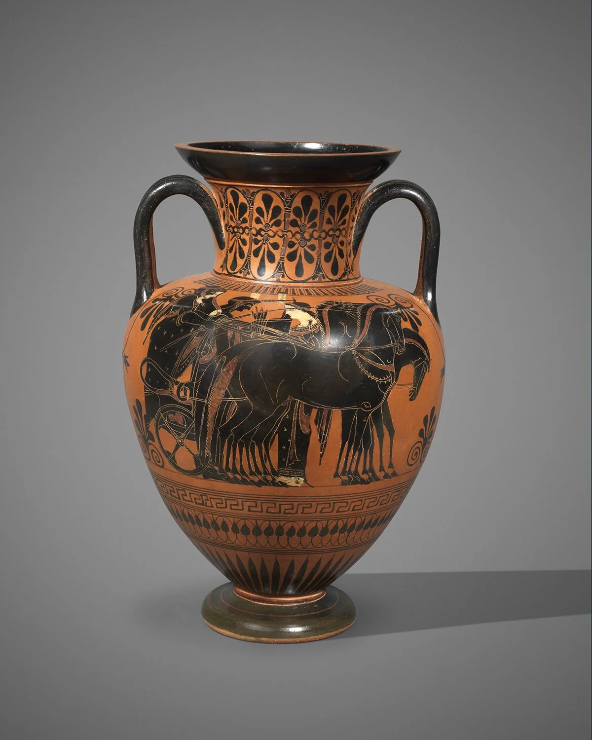 Greek black-figure neck amphora attributed to the Euphiletos painter
Attic, c.550-500 BC
Height: 40.5 cm, 
Private collection (PC), Nuremberg, Germany, acquired in the 1920s or 30s and thence by descent