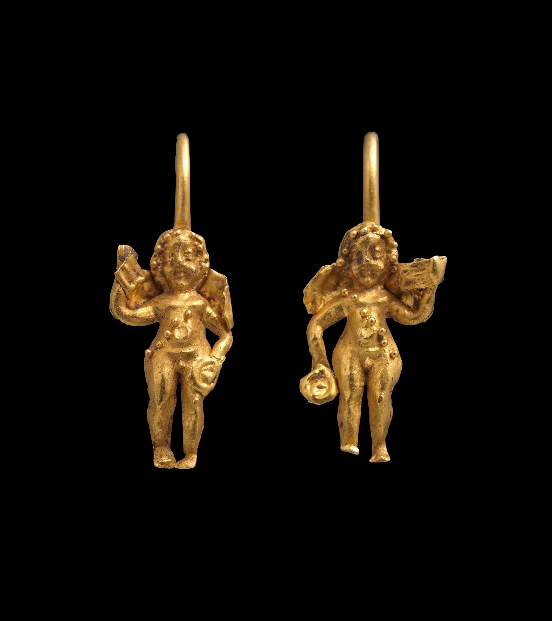 Pair of Hellenistic gold Eros earrings from Benaki family