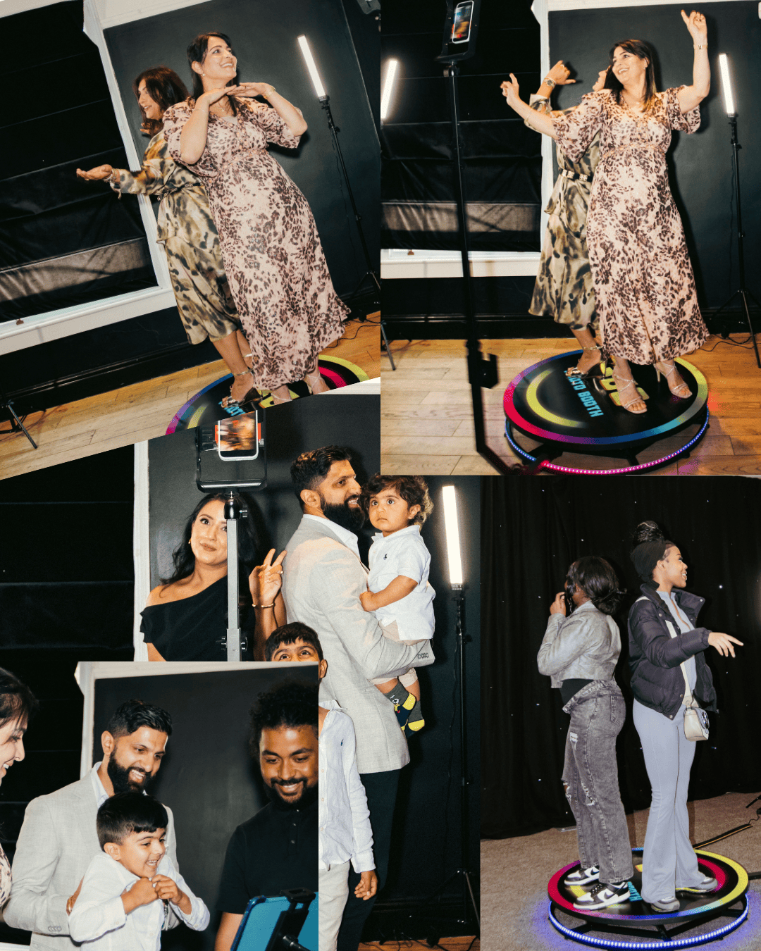 Family celebrating together on the Opulence360 luxury 360 booth hire at a party, captured in slow-motion with instant shareable videos.