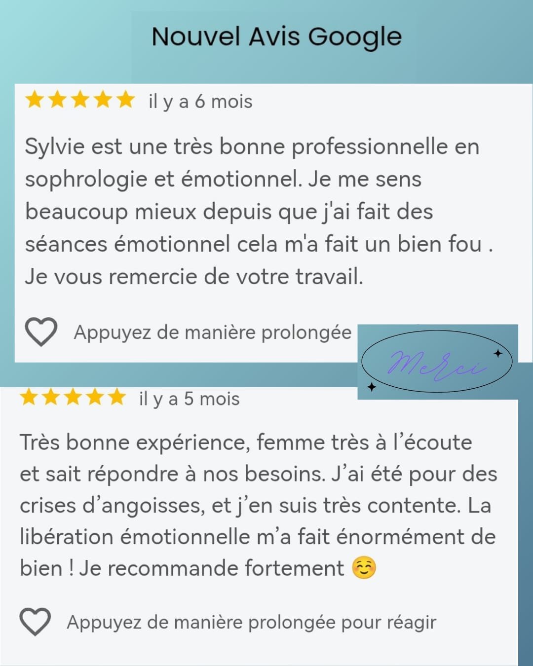 Avis de clients satisfaits pour des séances de sophrologie, avec des notes et des commentaires positifs, incluant des mentions de gratitude et de recommandation.
