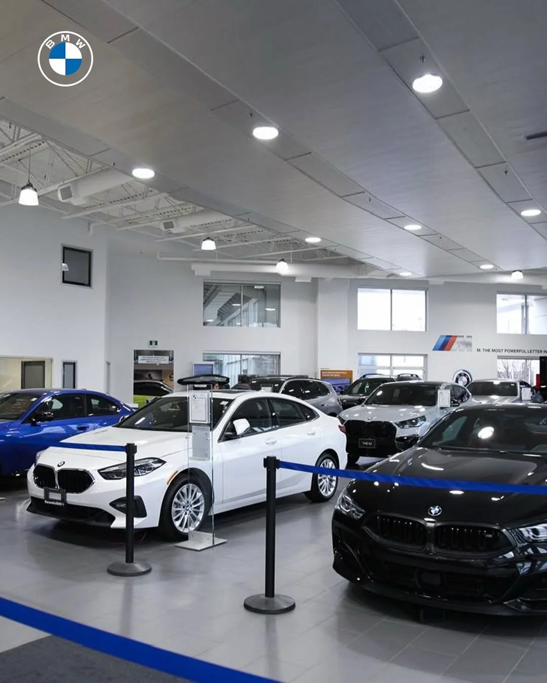 Inside a BMW car dealership showing various new BMW models, including a white sedan and a black sedan, with dealership signage and large windows.