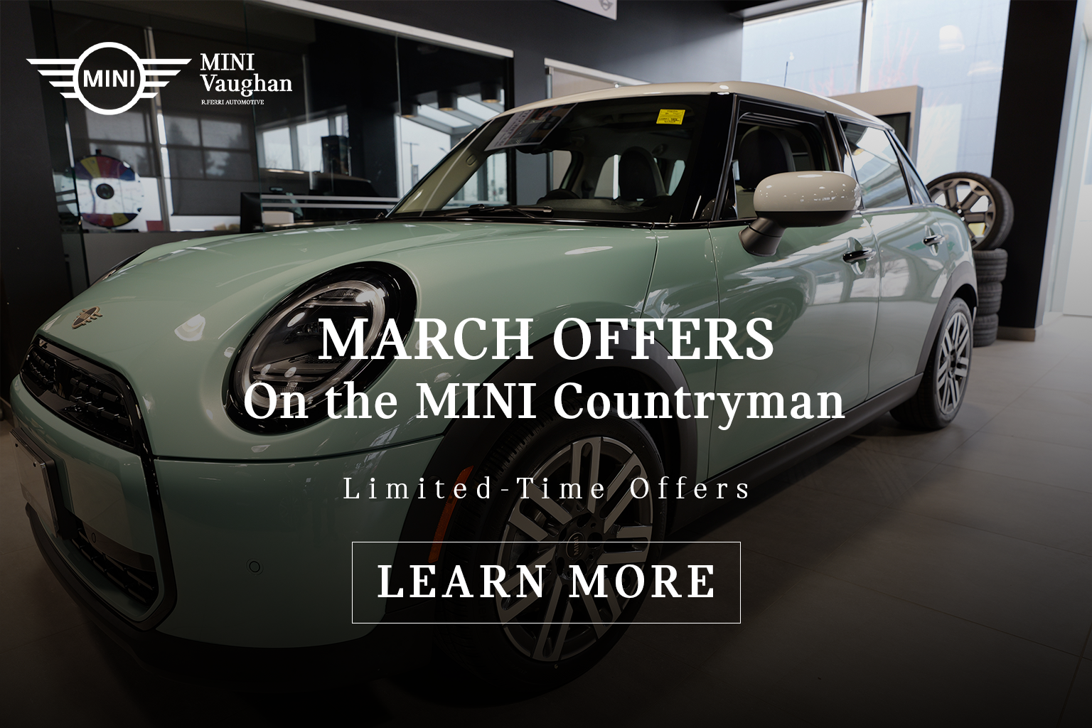 A mint green MINI Countryman in a car dealership showroom with promotional text overlay about March offers and limited-time deals.