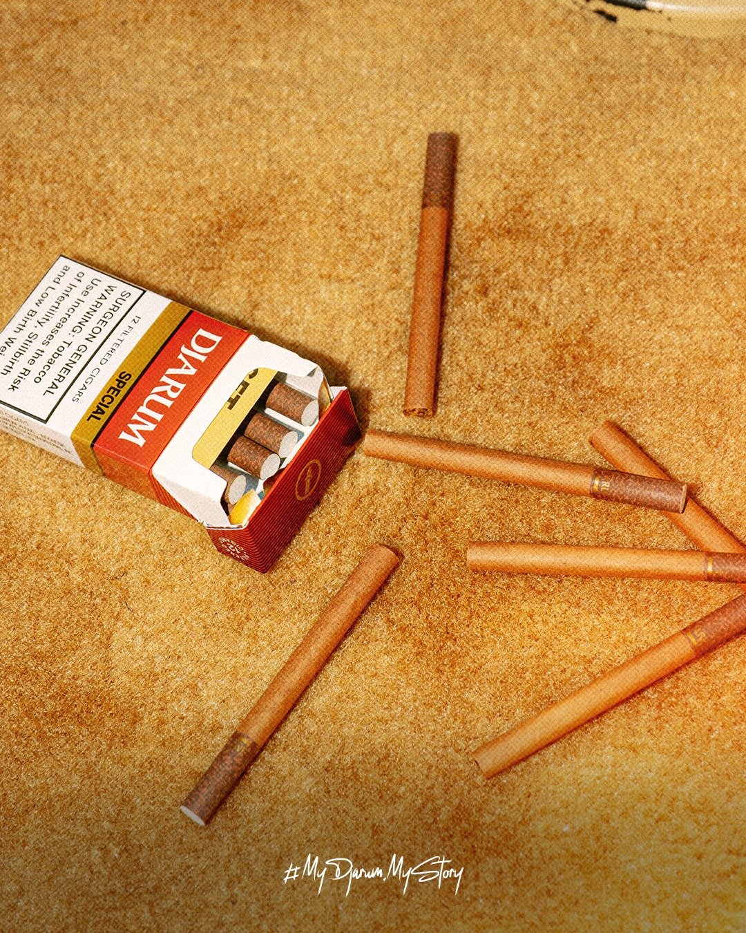 Cigarette pack labeled 'Darum' and several scattered cigarette filters on a beige carpet.