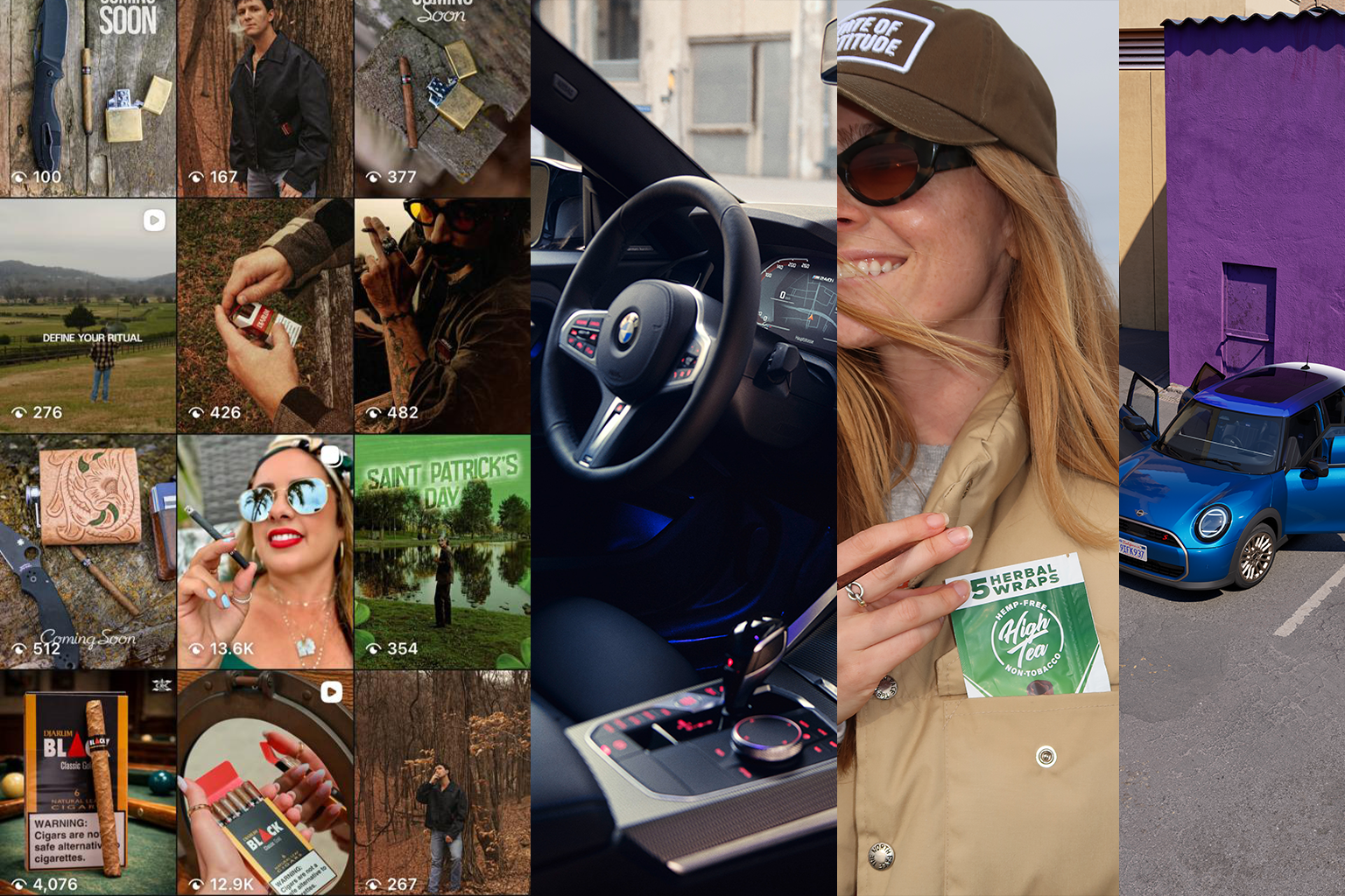 A collage of various images including a blue mini car, a woman's portrait with sunglasses and a hat, a driver’s cockpit of a BMW vehicle, a woman holding a pack of herbal teas, a person in a park with a pond, and several images of smoking and cigars related items.