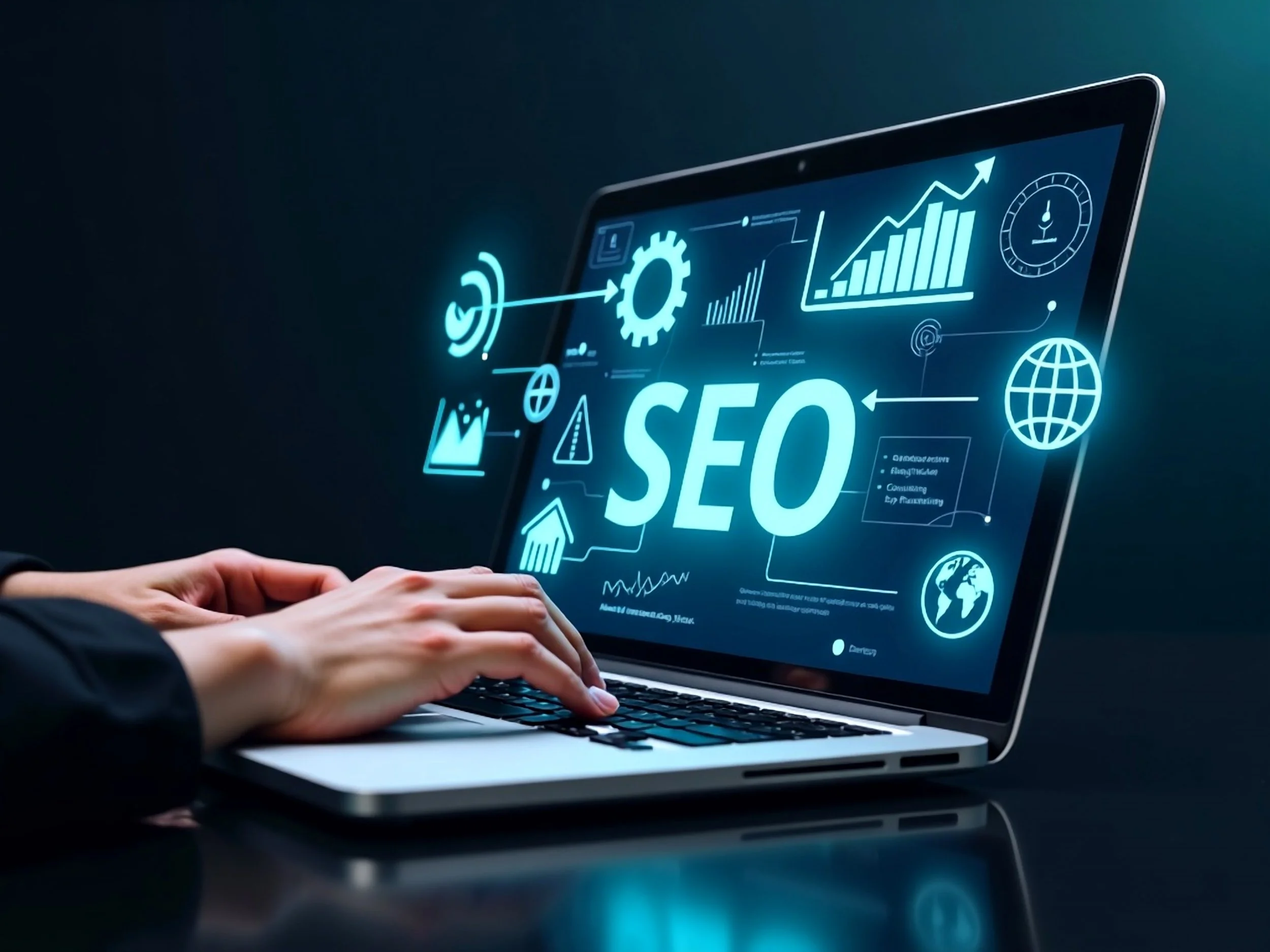 Laptop screen displaying digital graphics and icons related to SEO, including charts, a globe, and arrows, with a person's hand typing.