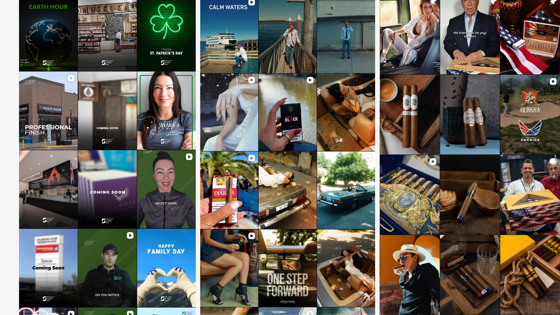 Collage of various images including Earth at night, store shelves, a St. Patrick's Day green shamrock, a person sitting on a dock, a woman relaxing outdoors, cigar packs, a sports field, a parking lot, a woman smiling, a hand holding a cigarette pack, a woman lounging, a car, and cigars.