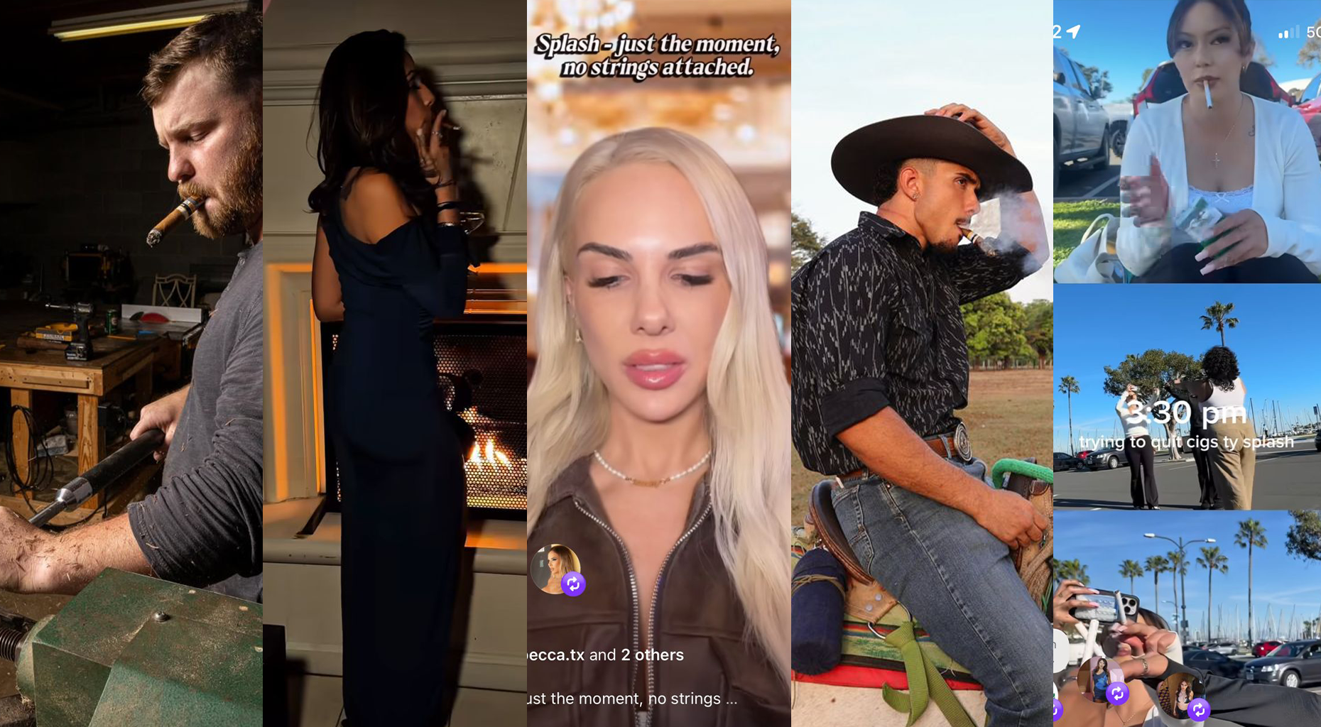Collage of six people, including a man smoking a cigar in a workshop, a woman in a black dress by a fireplace, a close-up of a blonde woman with plump lips, a man in a cowboy hat also smoking a cigar outdoors, a woman with a cigarette standing outdoors, and a woman trying to quit cigars with a timestamp overlay.