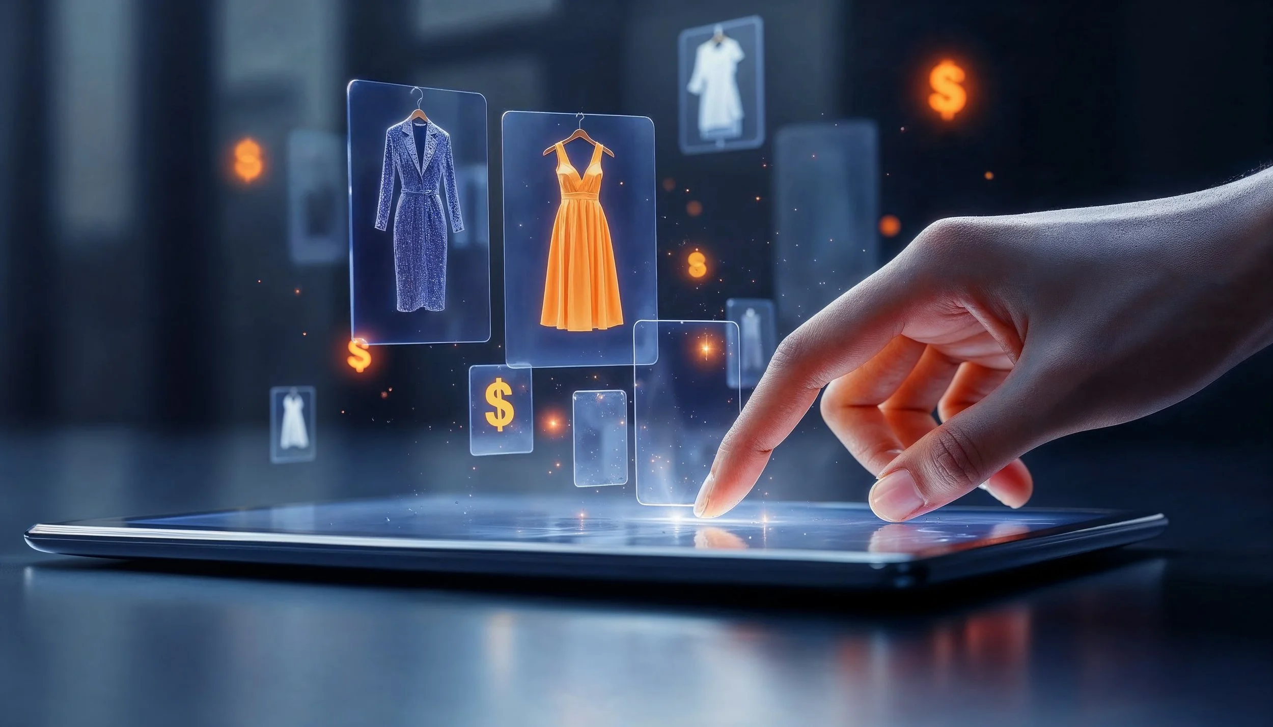 A person's hand interacts with a digital screen displaying virtual clothing items and dollar signs, suggesting online shopping or virtual fashion selection.