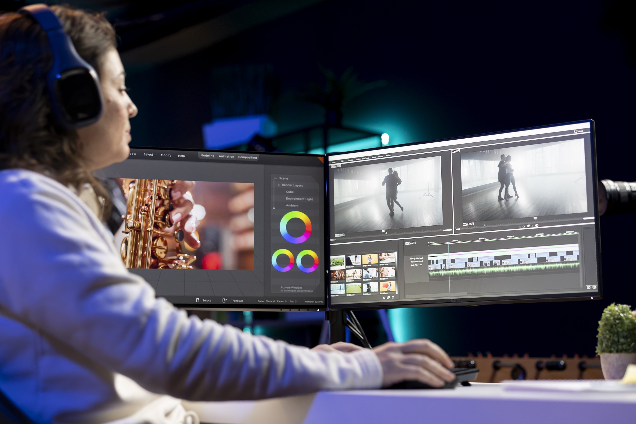 A woman working on video editing with dual monitors showing dance scenes.