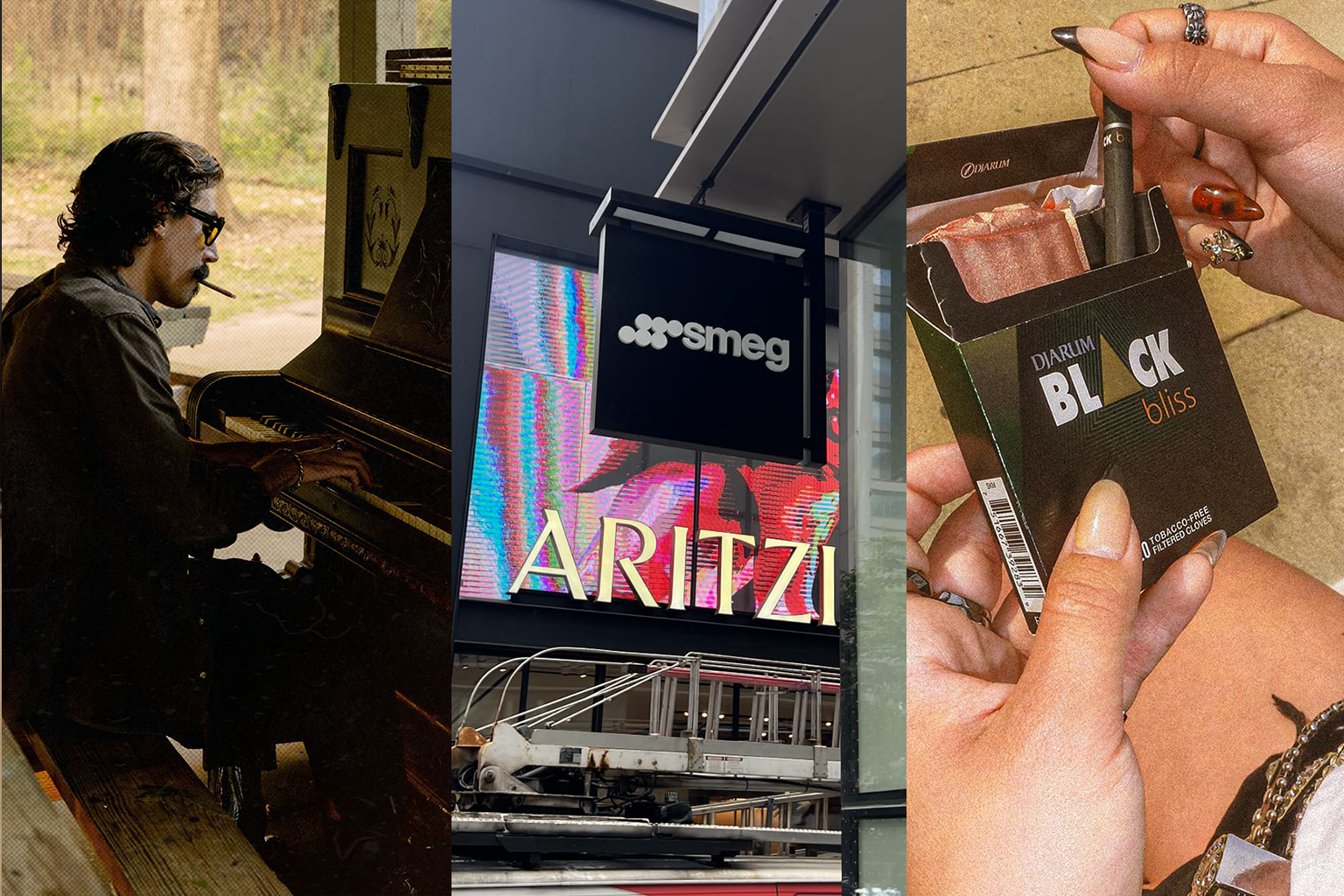 Side view of a man playing piano with a cigar in his mouth, an outdoor digital billboard displaying 'ARTIZ' and 'smeg' signage, and a hand holding a box of Djarum Black Bliss clove cigarettes.
