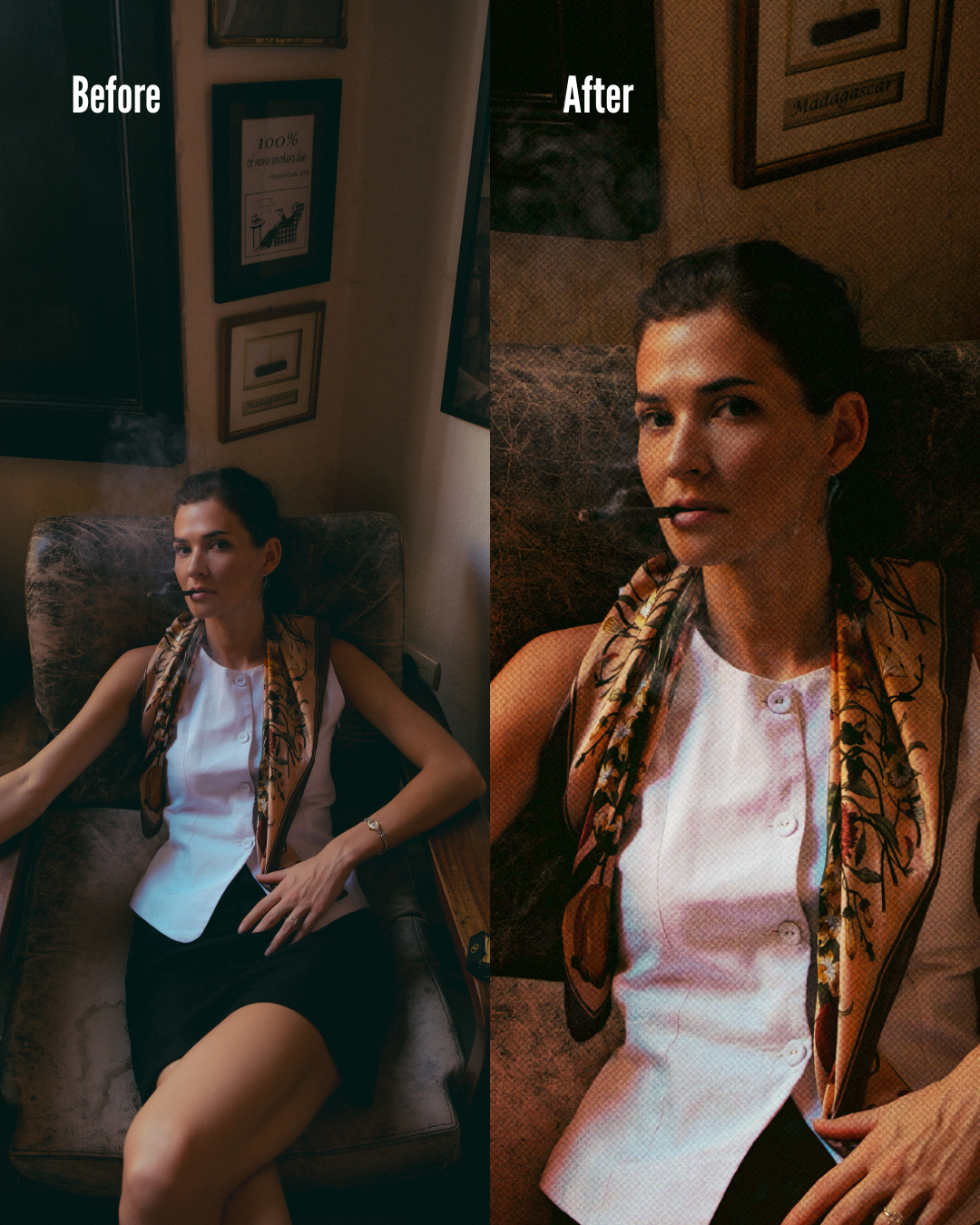 Side-by-side comparison of a woman sitting on a vintage armchair, smoking a cigar. The left side shows the original photo with more subdued lighting, while the right side shows a cropped and closer view with warmer lighting.
