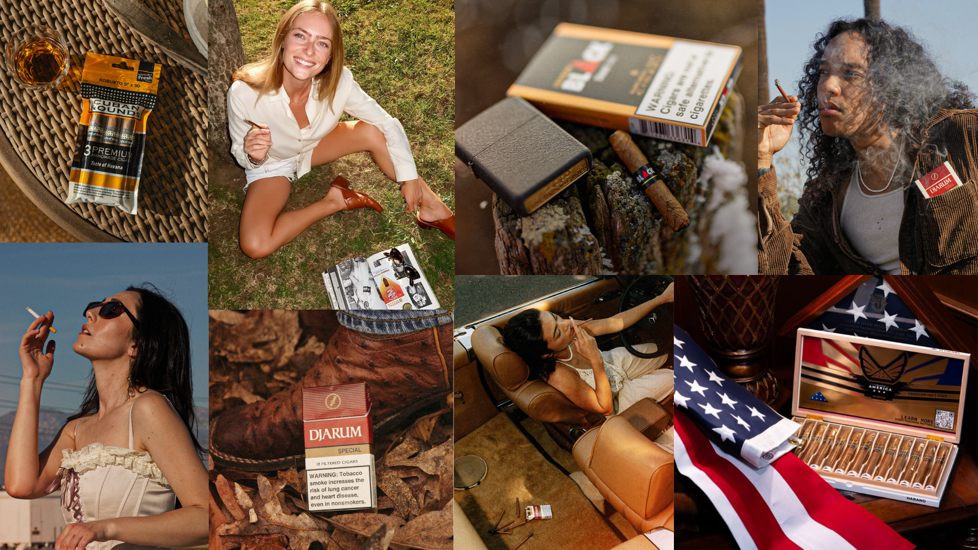 Collage of people smoking cigars and cigarettes outdoors and indoors, with cigars and cigarette packs displayed, including a woman in white sitting on grass, a woman in sunglasses outdoors, a woman in a car, and a box of cigars on a table with American flag.