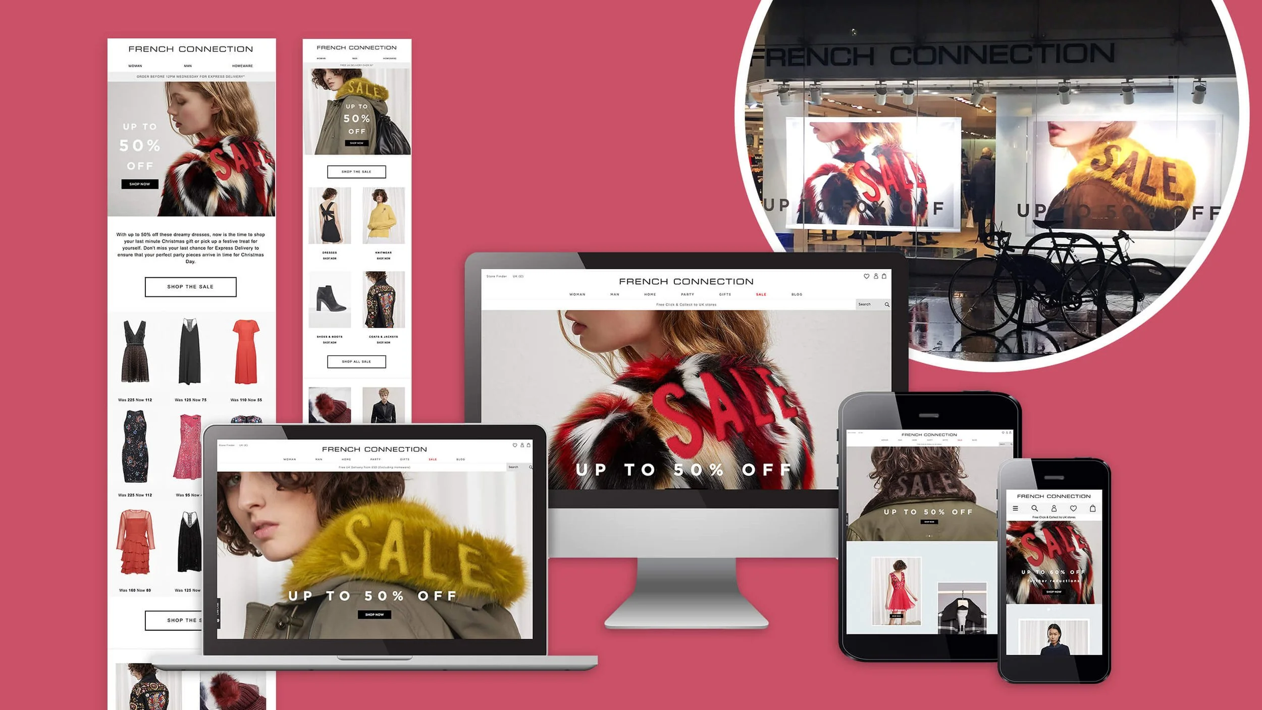 French Connection end of season Sale homepage, emails and store window