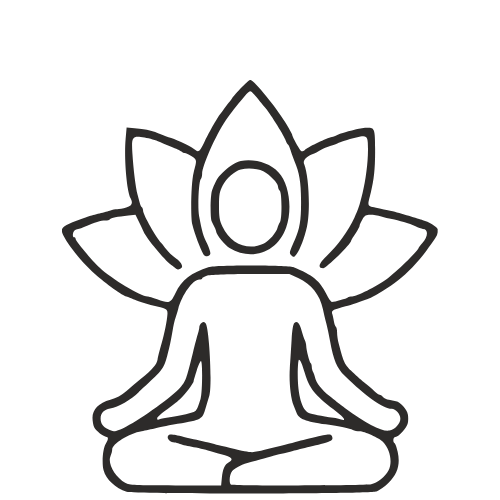 Een simplistische lijntekening van een persoon in een meditatieve zithouding, met een lotusbloem achter het hoofd.