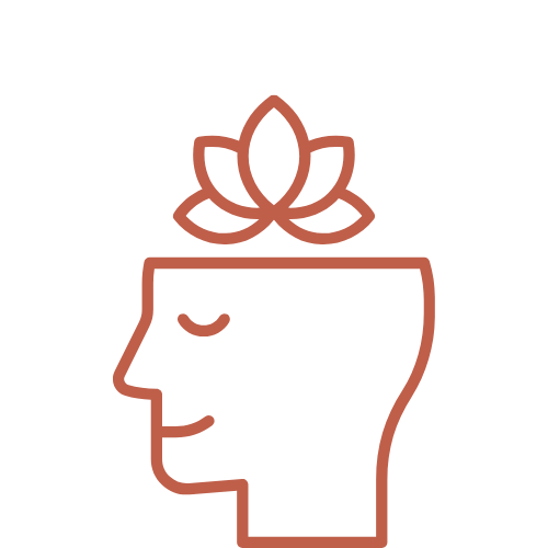 Simplistische lijntekening van een gezicht met een lotus en bloemen op het hoofd.