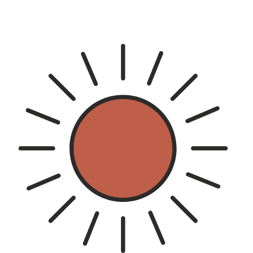 Illustratie van een zon met straallen op een zwarte achtergrond.