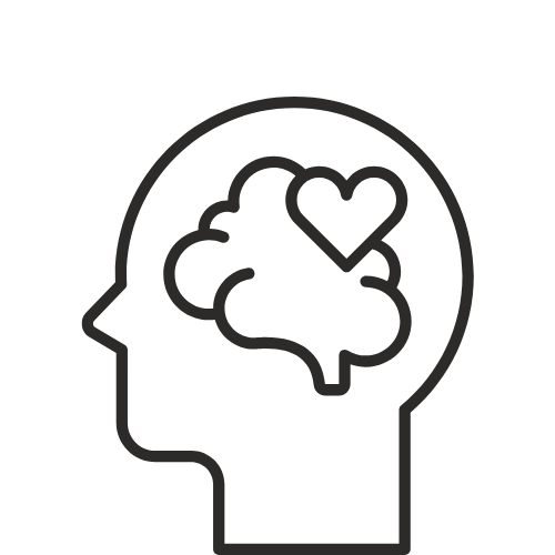 Silhouet van een menselijk hoofd met een brein en een hart erin.