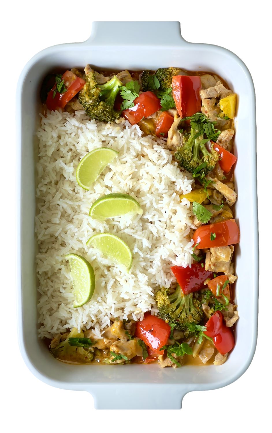 Thai red curry with chicken, bell peppers and broccoli over jasmine rice