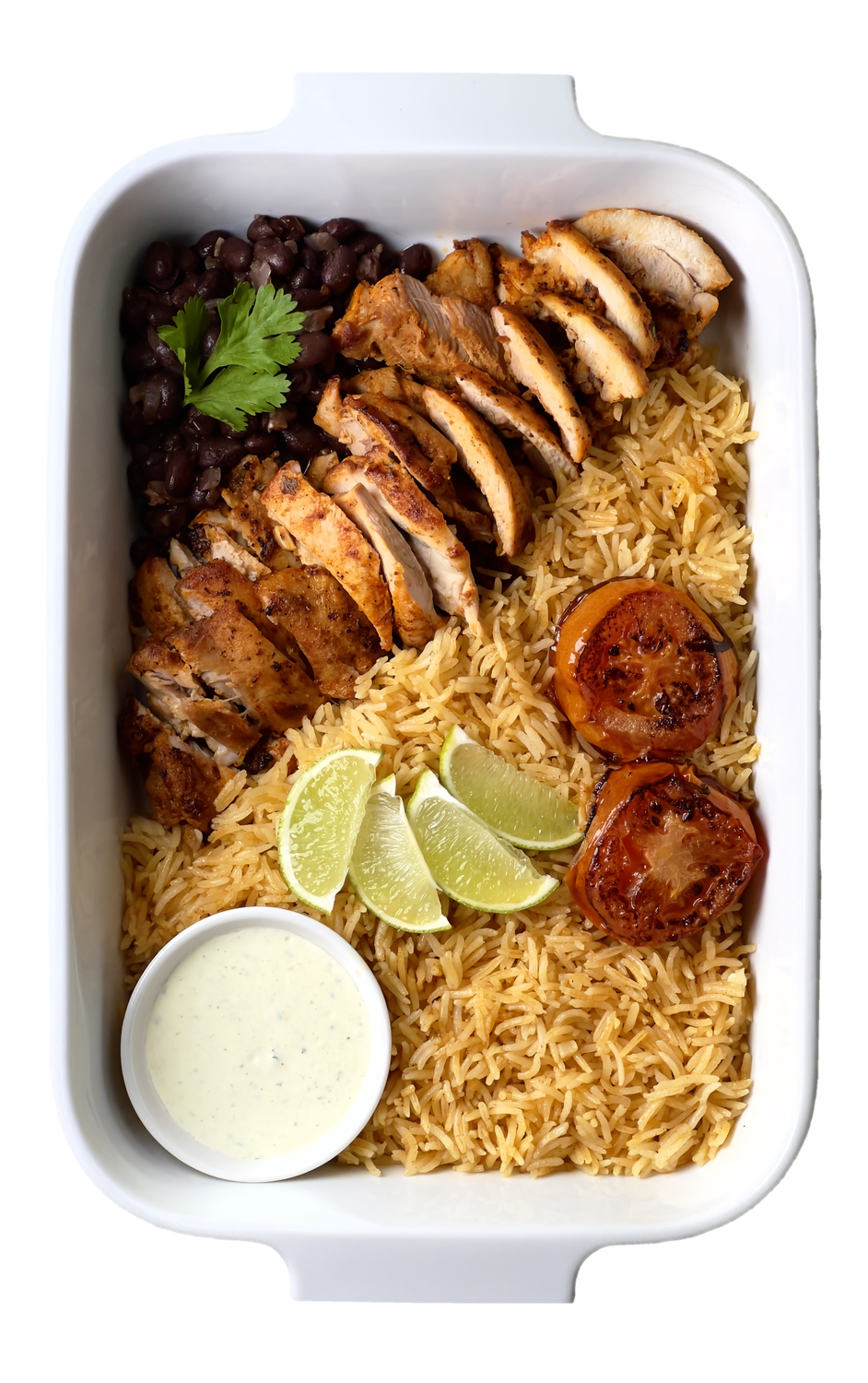 Chicken a la Mexicana with Spanish rice, black beans and charred tomatoes