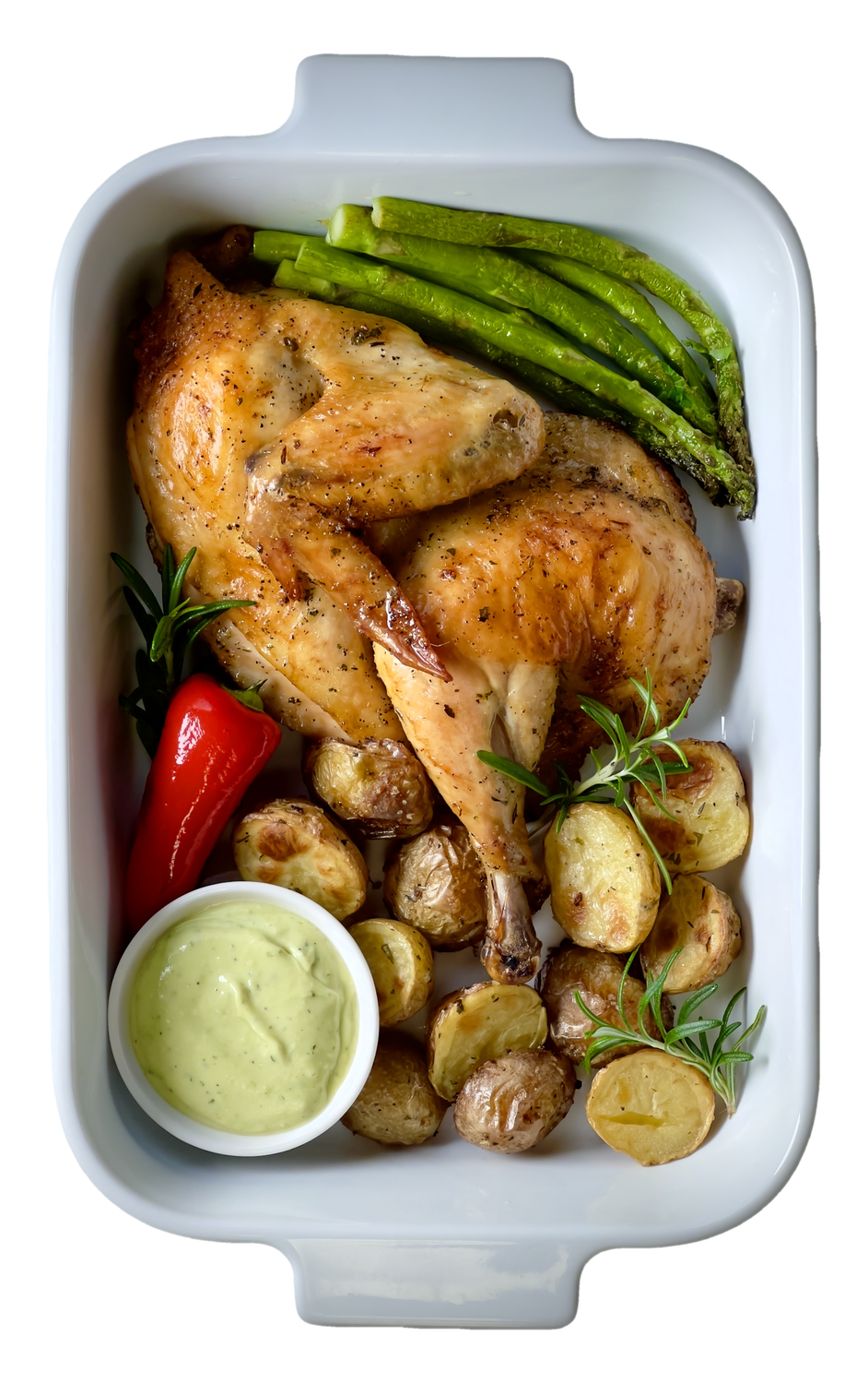 Brick-pressed chicken with roasted new potatoes and asparagus