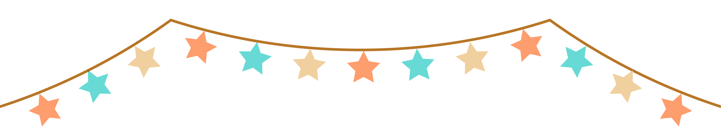 Colorful string of star-shaped decorations hanging on a gold line.
