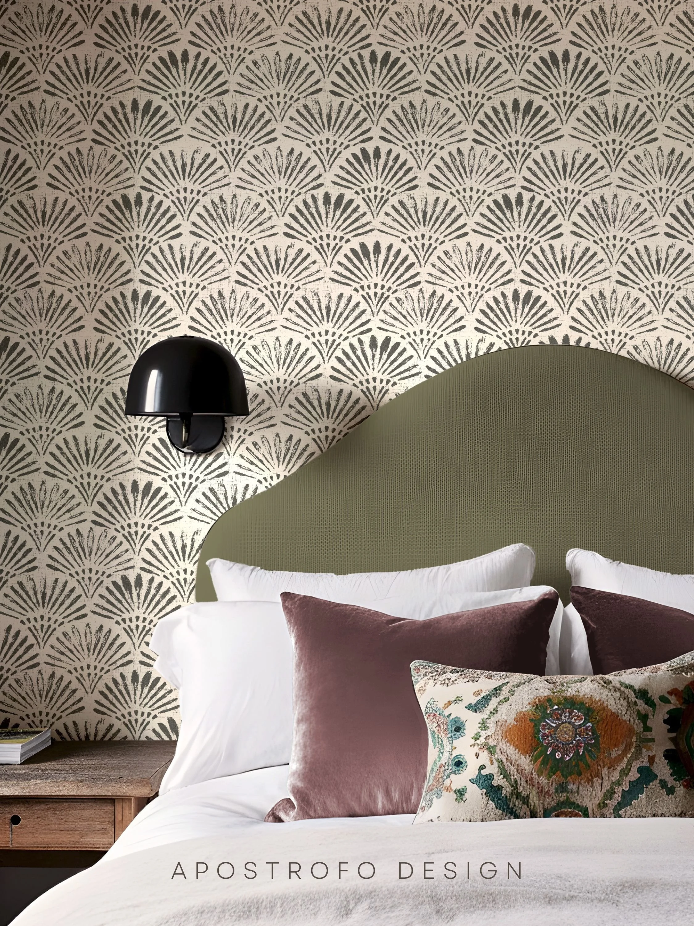 Block printed Black and Beige Art Deco Geometric Fan Wallpaper