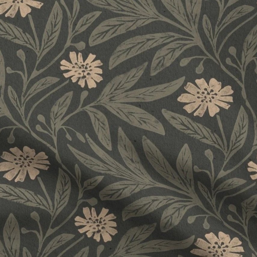 Vintage floral block printed daisies Fabric