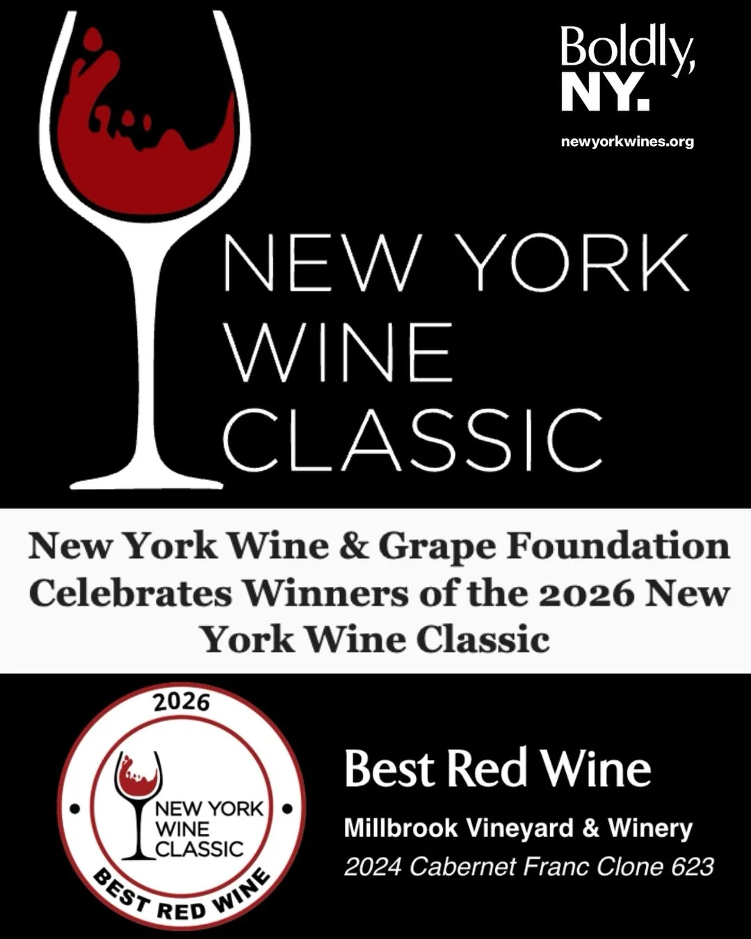 Huge congratulations to @millbrookwinery on winning Best Red Wine at the 2026 New York Wine Classic for their 2024 Cabernet Franc Clone 623!🍷🏆

Presented by the New York Wine &amp; Grape Foundation @newyorkwines and judged by the Beverage Testing I