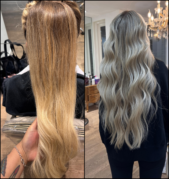 Before and after hair transformation showing long blonde hair being styled with waves.