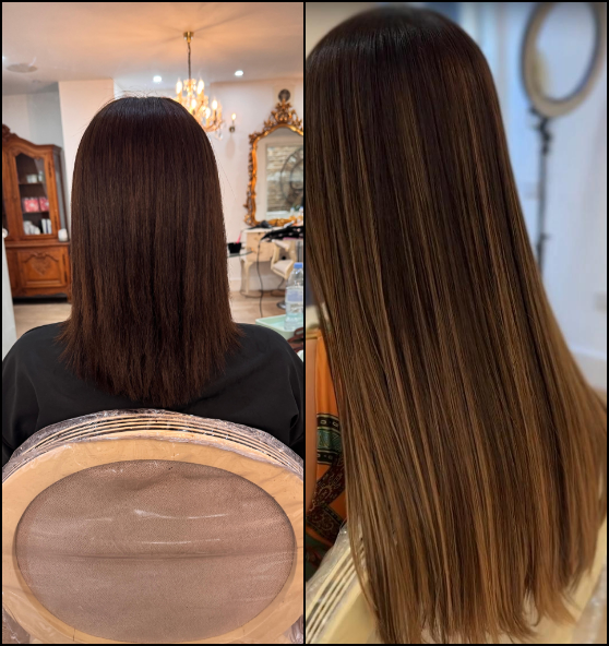 Before and after hair transformation showing dark brown shoulder-length hair styled into longer, straightened hair with highlights in a salon setting.