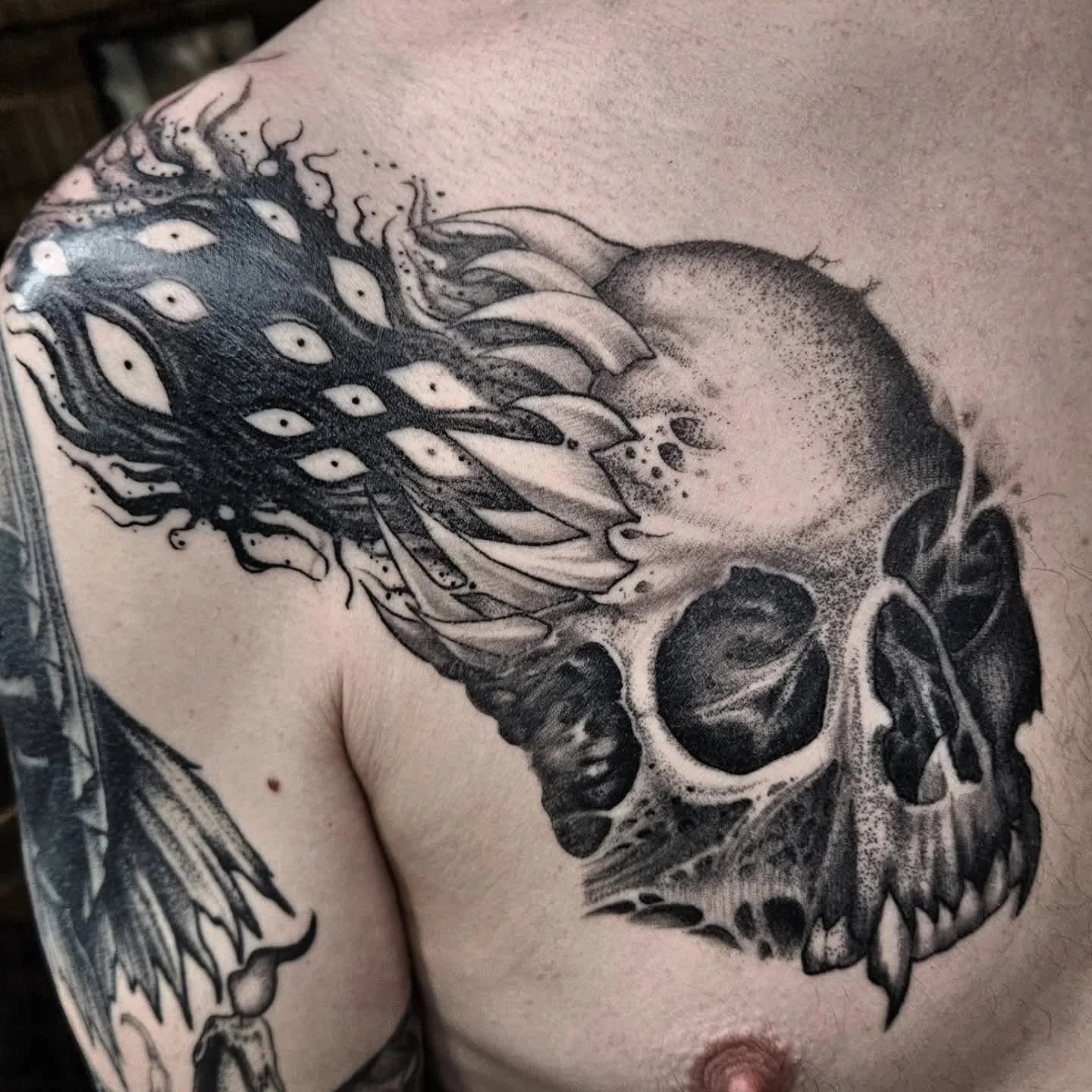 All drawn on with sharpies. One cover up. Vampire skull bursting into a chasm of eyes morphing into a cosmic centipede