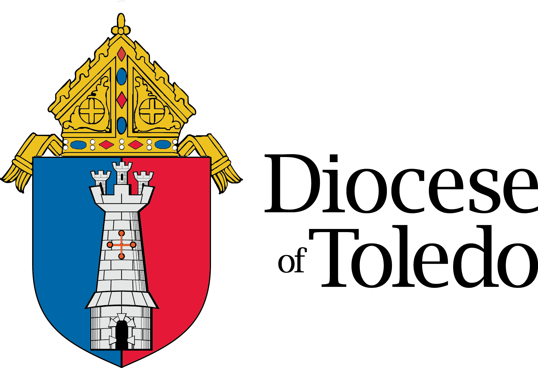 The crest of the Diocese of Toledo, Ohio, featuring a tower with three small turrets on a shield divided into blue and red sections, topped with a golden crown and an ornate gold and jewel-decorated bishop's hat.
